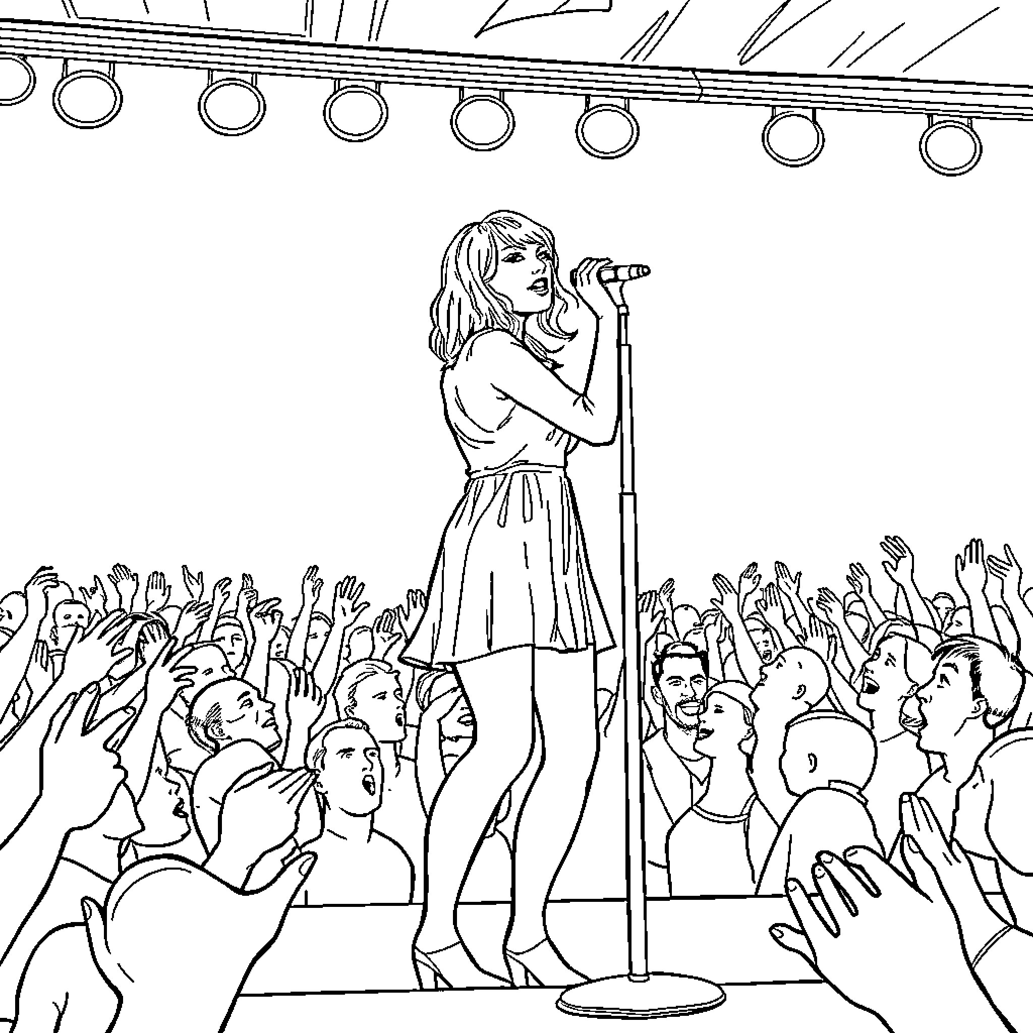 Taylor Swift performing on stage with audience Coloring Page (free black-and-white line drawing printable PDF for all, from beginners to advanced learners, including children, teens, adults, and seniors)