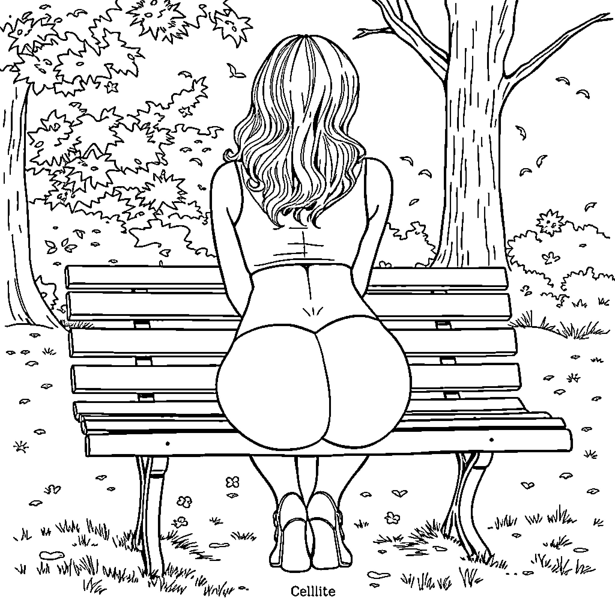 Lady relaxing alone on park bench Coloring Page (free black-and-white line drawing printable PDF for all, from beginners to advanced learners, including children, teens, adults, and seniors)