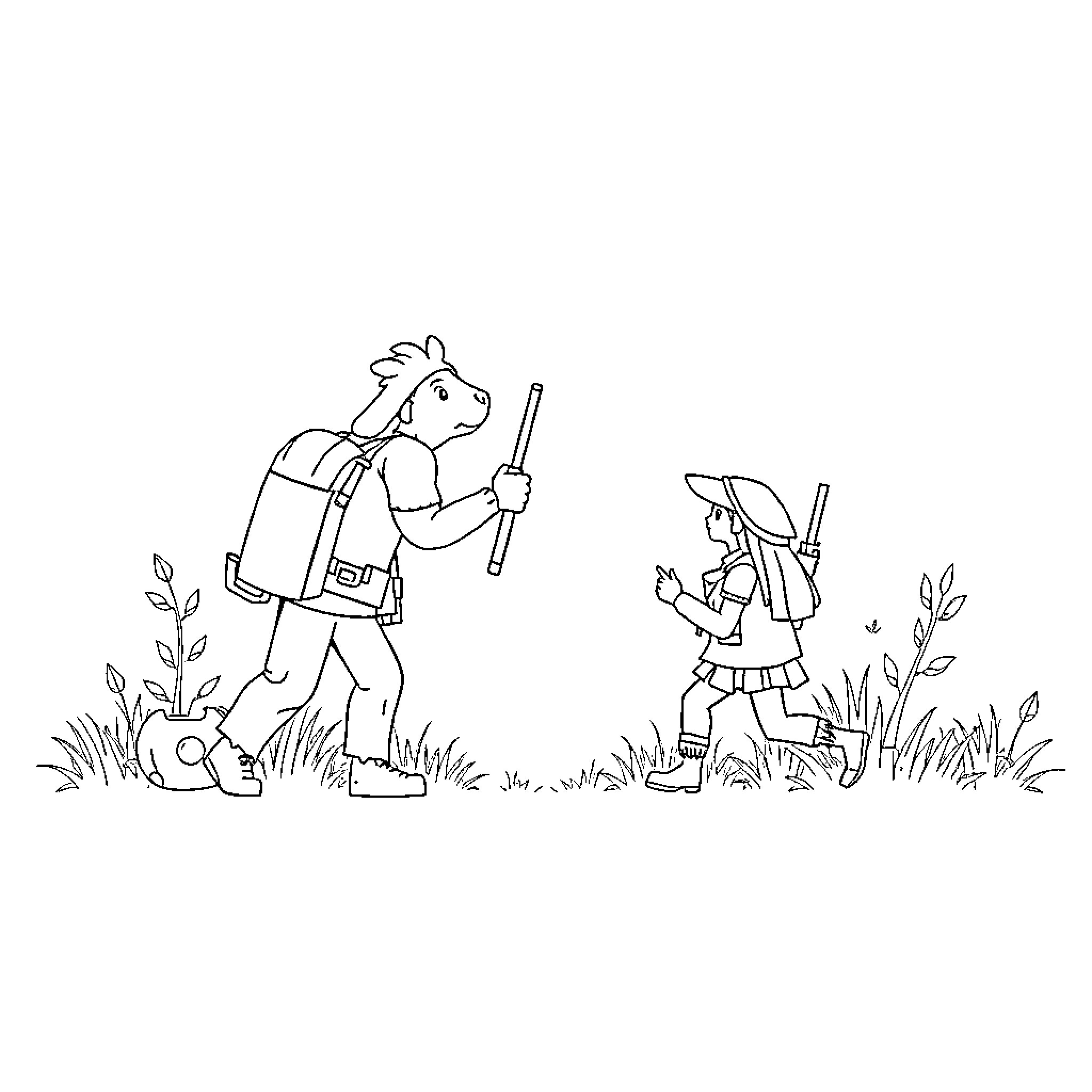 Huntrix Adventurers Explore the Wilderness Coloring Page (free black-and-white line drawing printable PDF for all, from beginners to advanced learners, including children, teens, adults, and seniors)