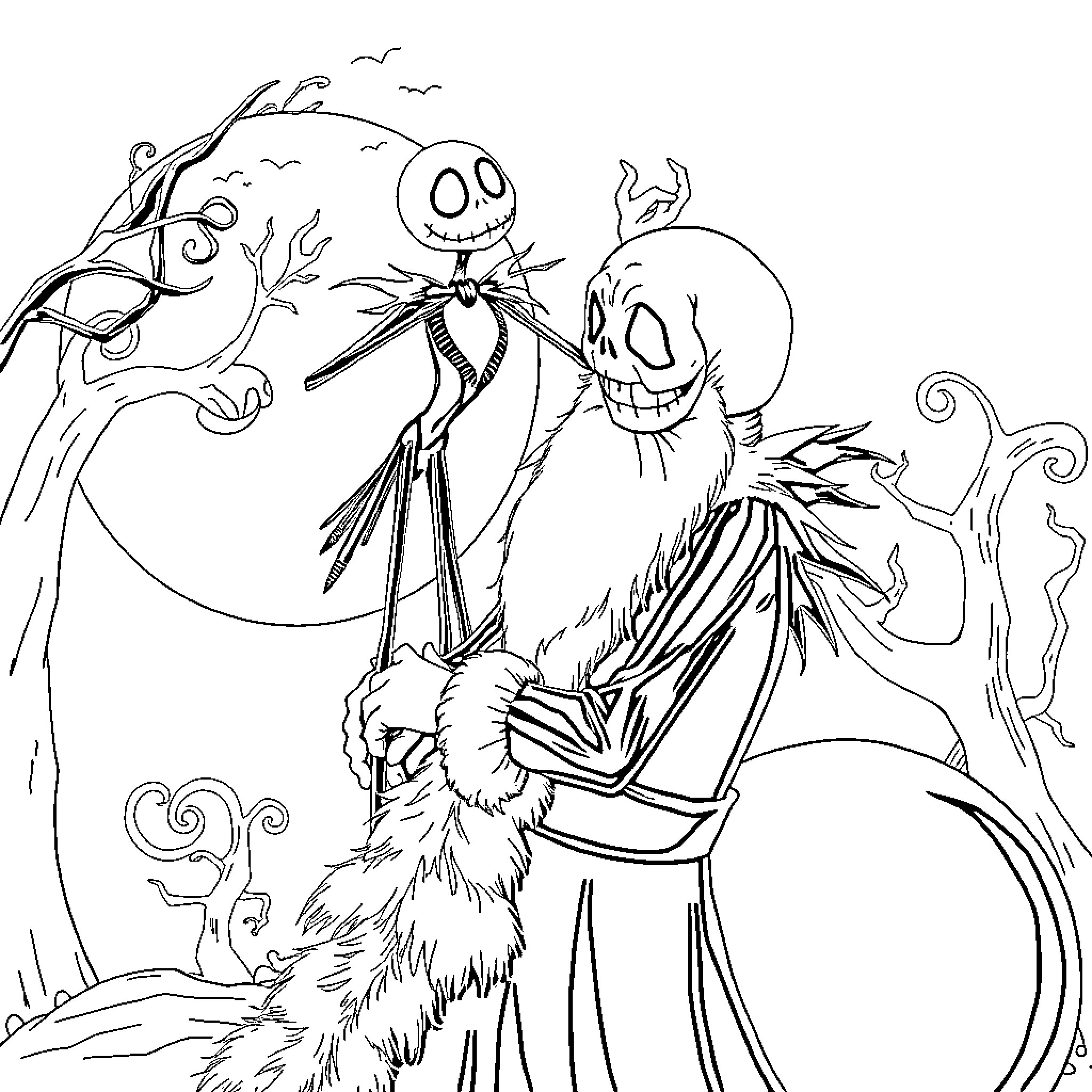 Jack Skellington embracing the Halloween spirit Coloring Page (free black-and-white line drawing printable PDF for all, from beginners to advanced learners, including children, teens, adults, and seniors)