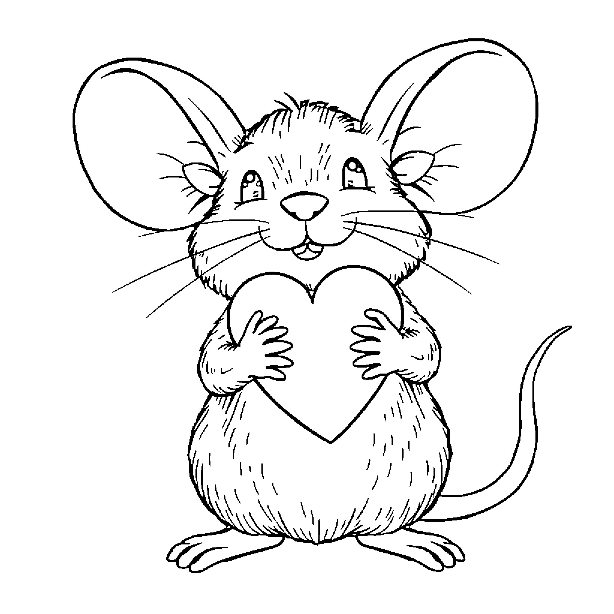 Mouse holding a heart-shaped object Coloring Page (free black-and-white line drawing printable PDF for all, from beginners to advanced learners, including children, teens, adults, and seniors)
