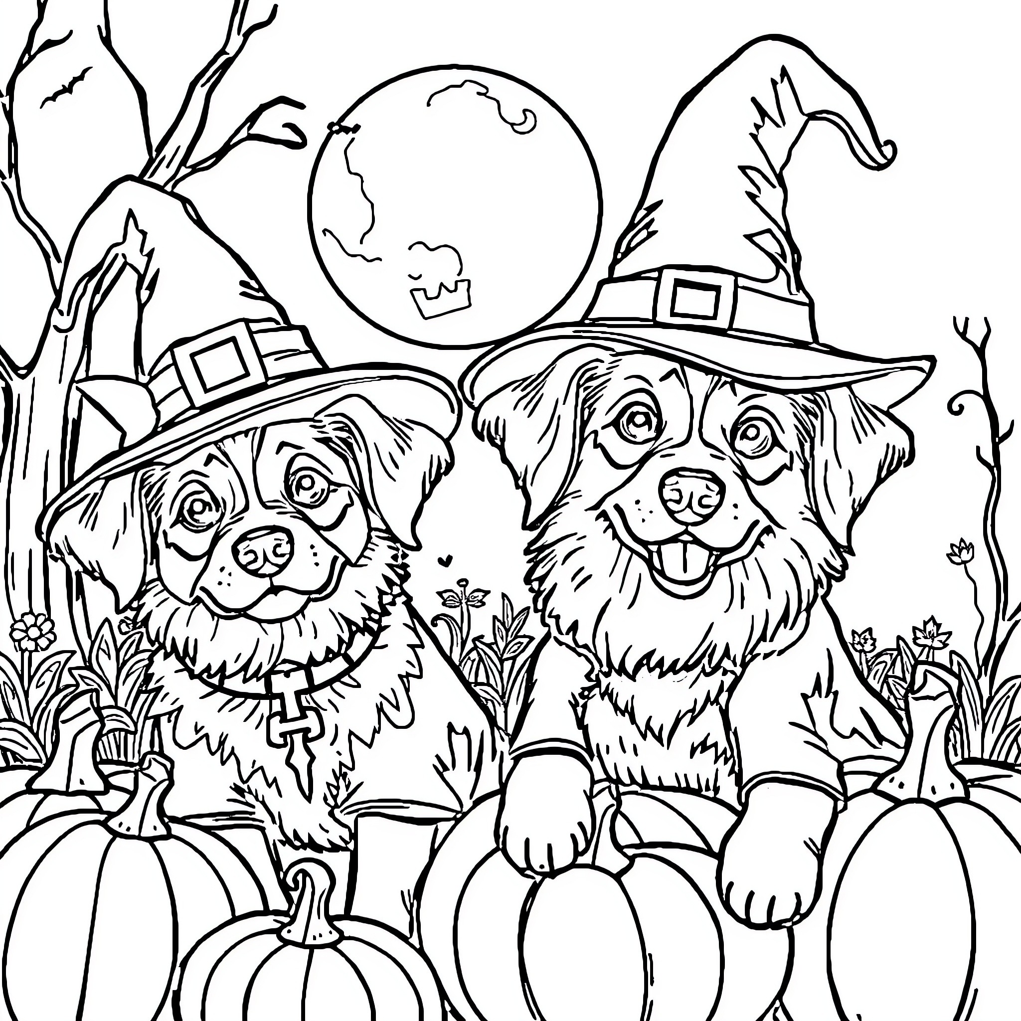 Dog companions celebrating Halloween in the pumpkin patch Coloring Page (free black-and-white line drawing printable PDF for all, from beginners to advanced learners, including children, teens, adults, and seniors)