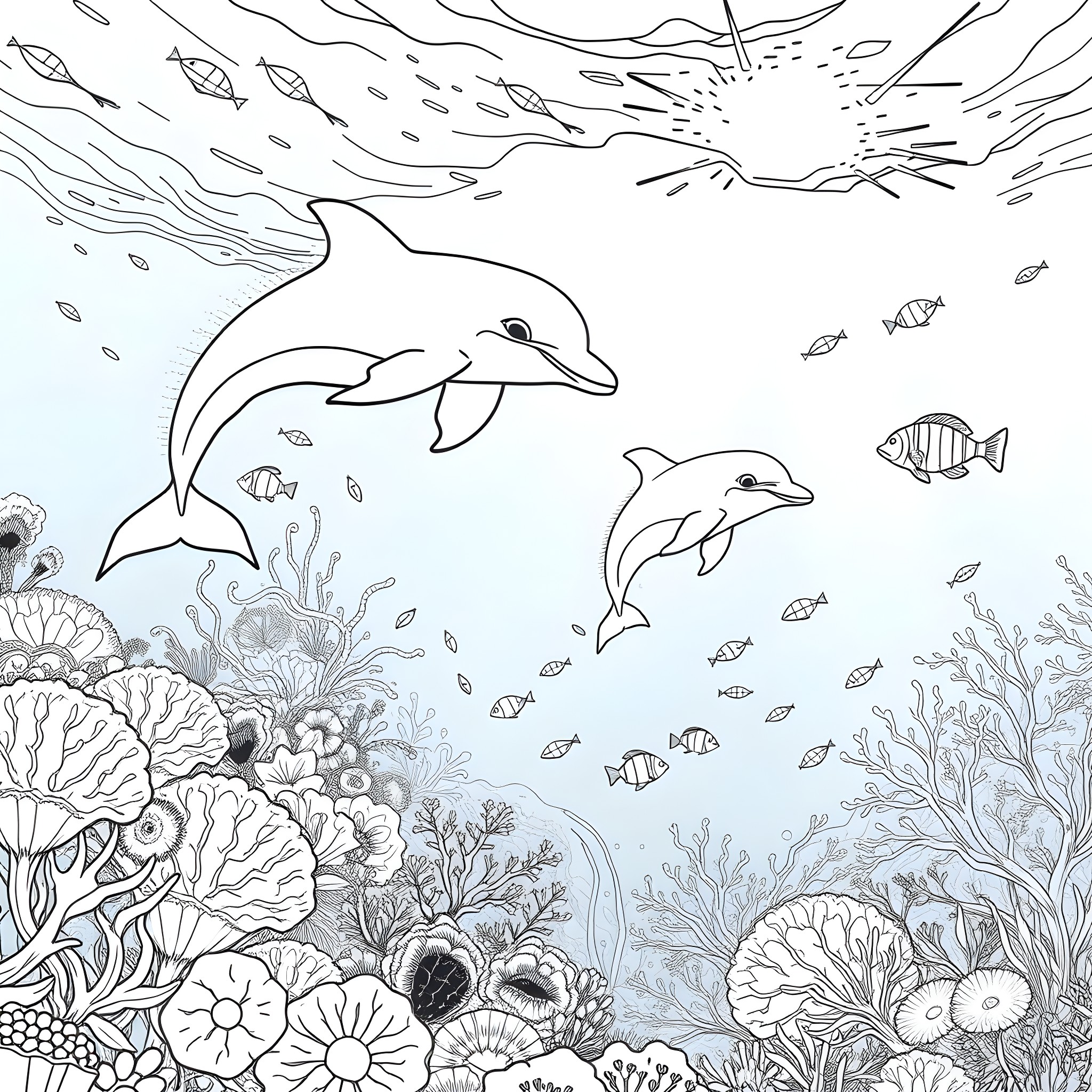 Dolphin playing with fish in a coral reef Coloring Page (free black-and-white line drawing printable PDF for all, from beginners to advanced learners, including children, teens, adults, and seniors)