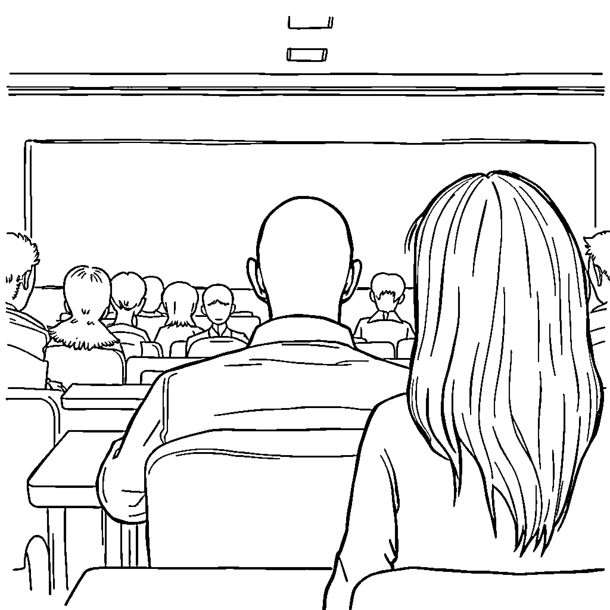 Man and Woman Attending a Conference Coloring Page (free black-and-white line drawing printable PDF for all, from beginners to advanced learners, including children, teens, adults, and seniors)