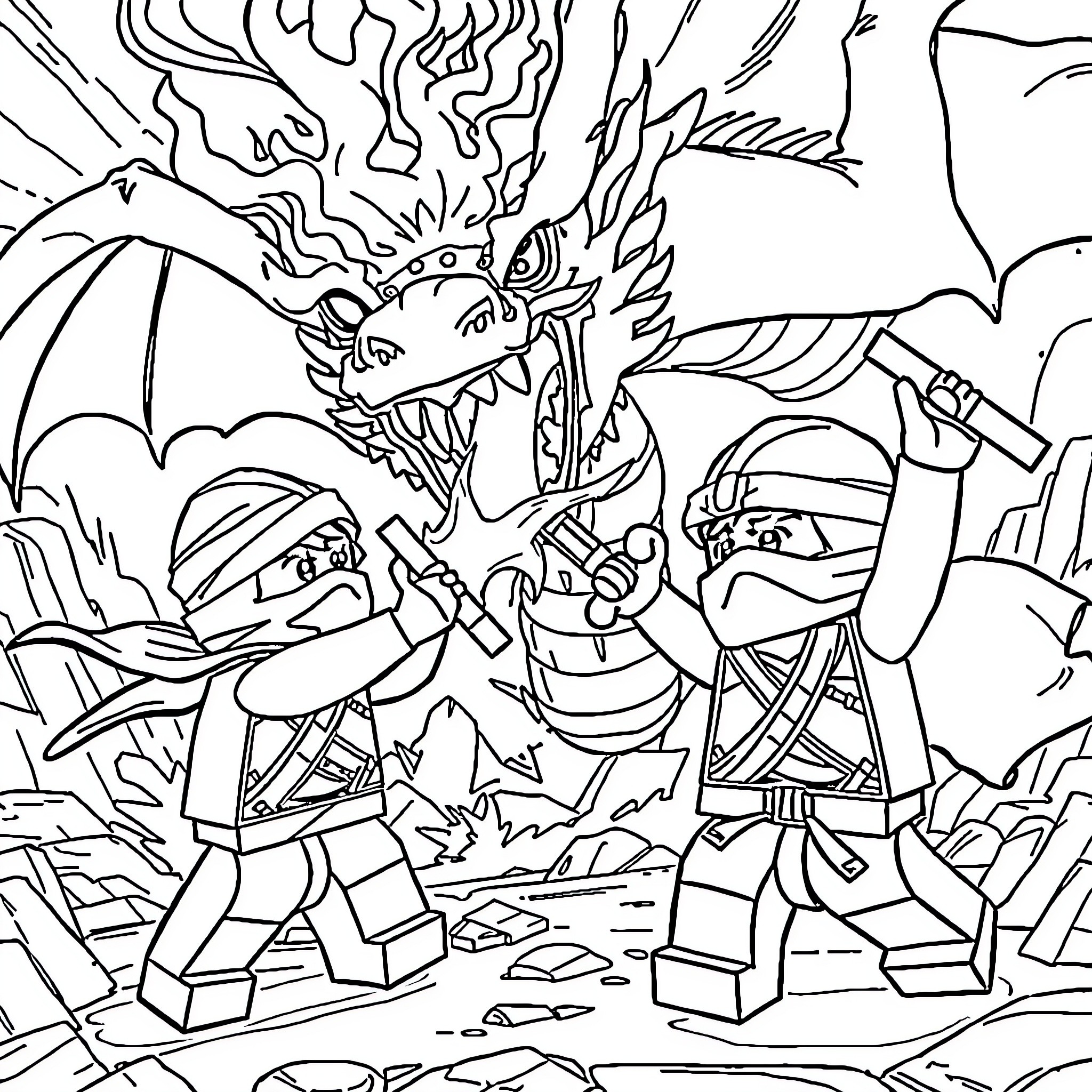 Lego Ninjago ninjas battling a fierce dragon Coloring Page (free black-and-white line drawing printable PDF for all, from beginners to advanced learners, including children, teens, adults, and seniors)