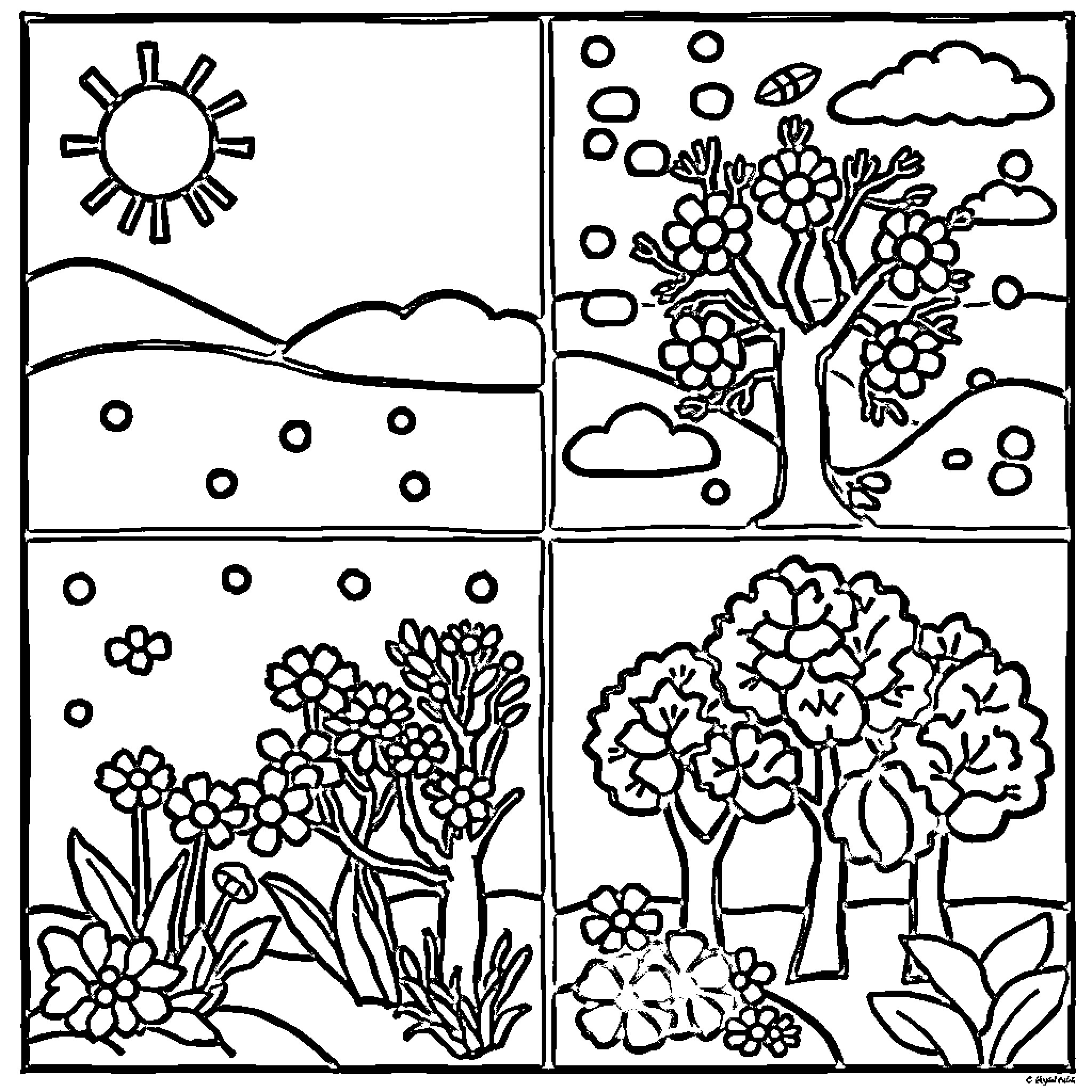 Season of Blooming Nature Coloring Page (free black-and-white line drawing printable PDF for all, from beginners to advanced learners, including children, teens, adults, and seniors)
