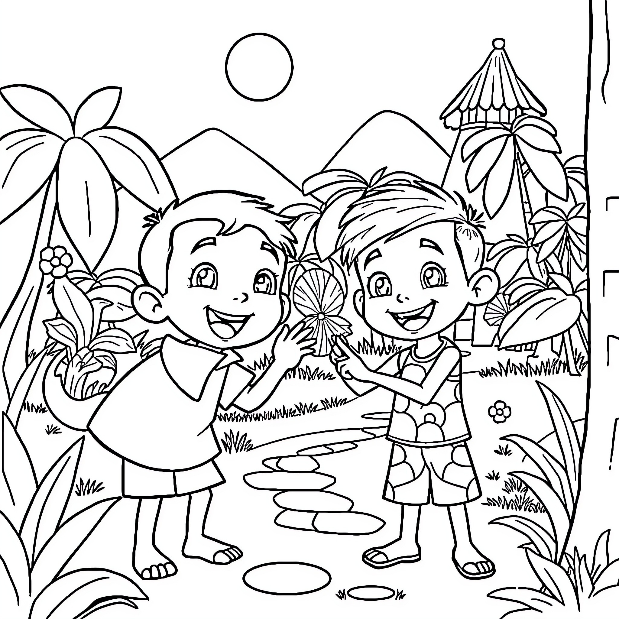 Upin Ipin playing and exploring the tropical landscape Coloring Page (free black-and-white line drawing printable PDF for all, from beginners to advanced learners, including children, teens, adults, and seniors)