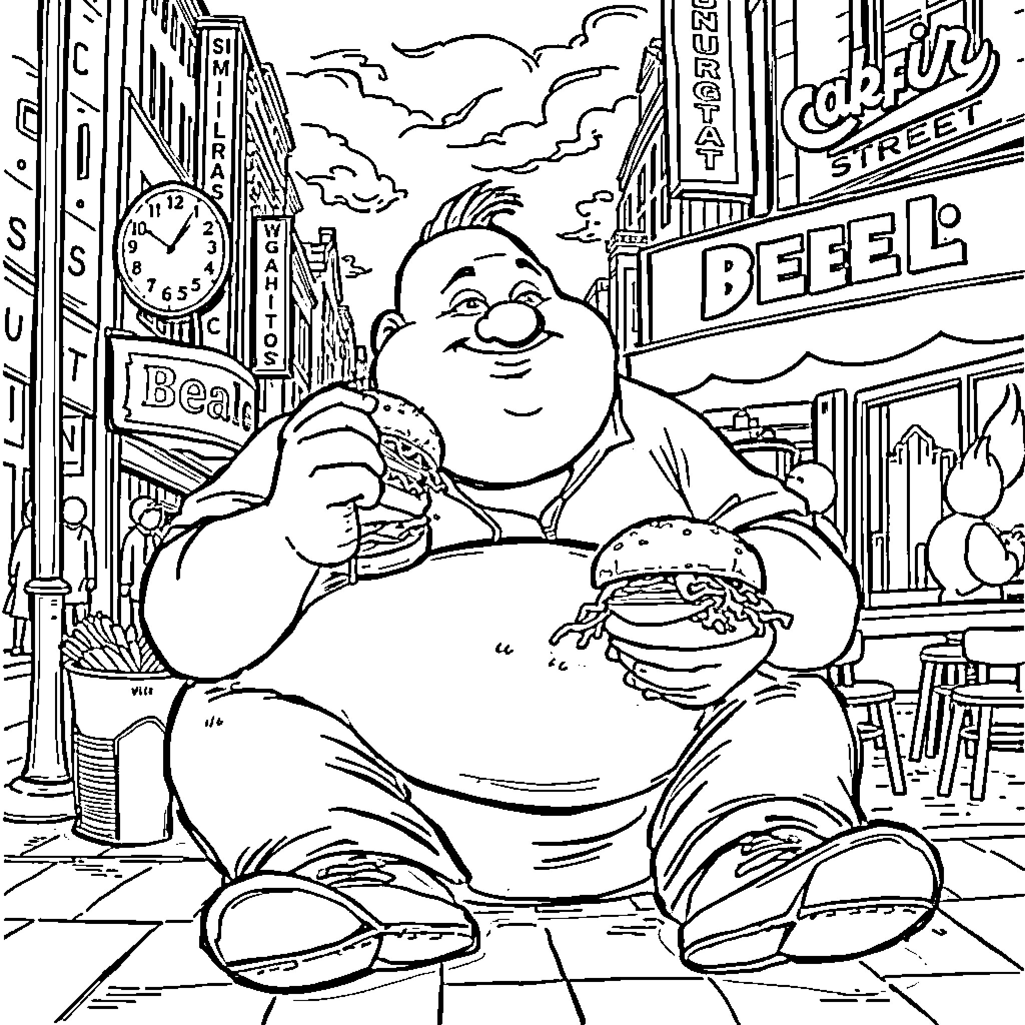 Guy eating a giant burger on the street Coloring Page (free black-and-white line drawing printable PDF for all, from beginners to advanced learners, including children, teens, adults, and seniors)