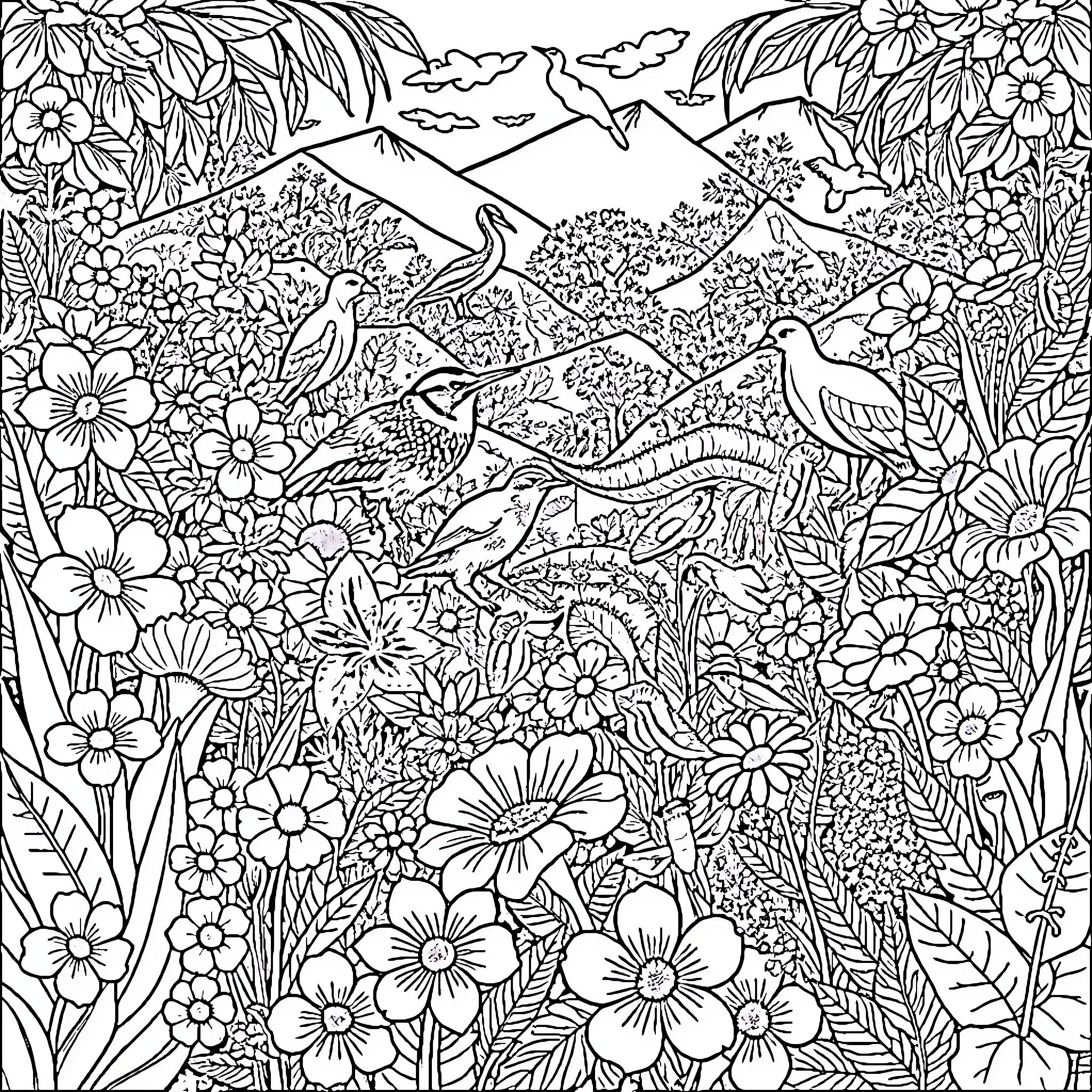 Fauna amid vibrant floral landscape Coloring Page (free black-and-white line drawing printable PDF for all, from beginners to advanced learners, including children, teens, adults, and seniors)