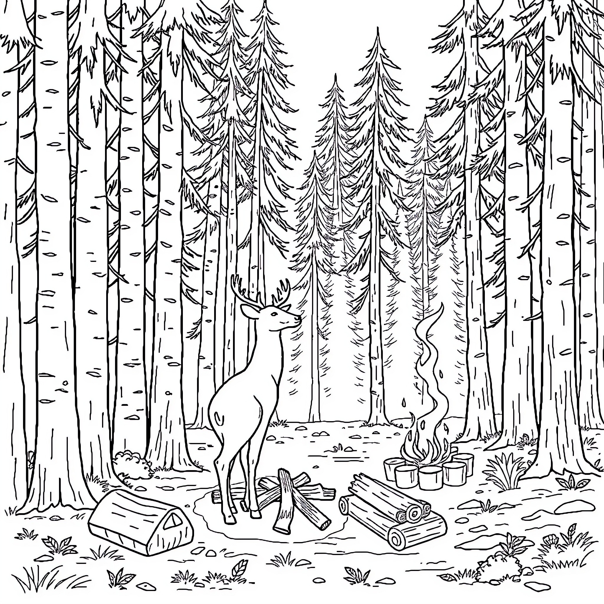 Deer exploring the serene forest landscape Coloring Page (free black-and-white line drawing printable PDF for all, from beginners to advanced learners, including children, teens, adults, and seniors)