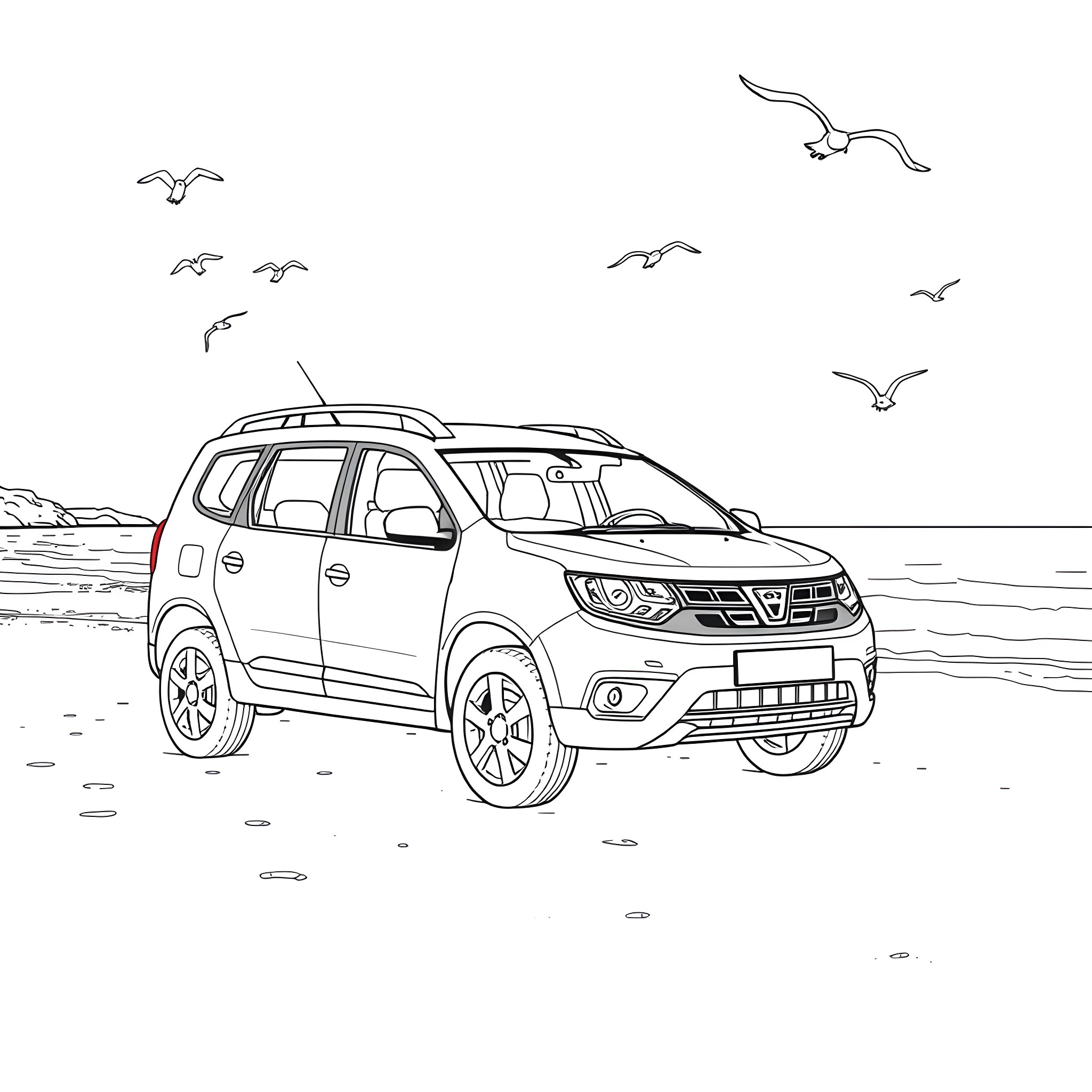 Dacia Lodgy on the beach with seagulls Coloring Page (free black-and-white line drawing printable PDF for all, from beginners to advanced learners, including children, teens, adults, and seniors)
