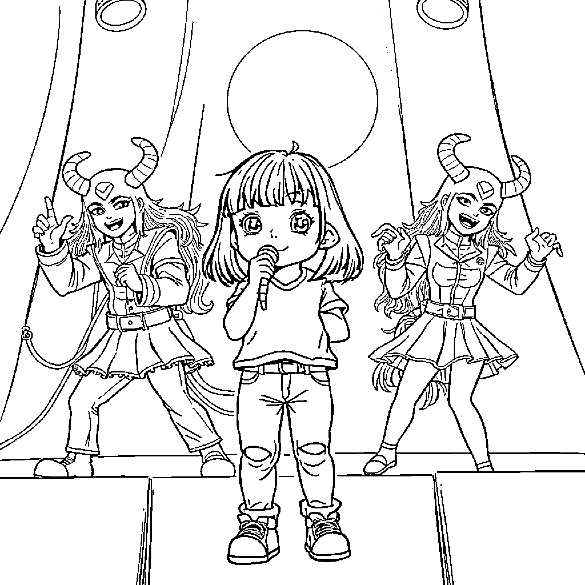 Girl performing on stage with devil-like characters Coloring Page (free black-and-white line drawing printable PDF for all, from beginners to advanced learners, including children, teens, adults, and seniors)