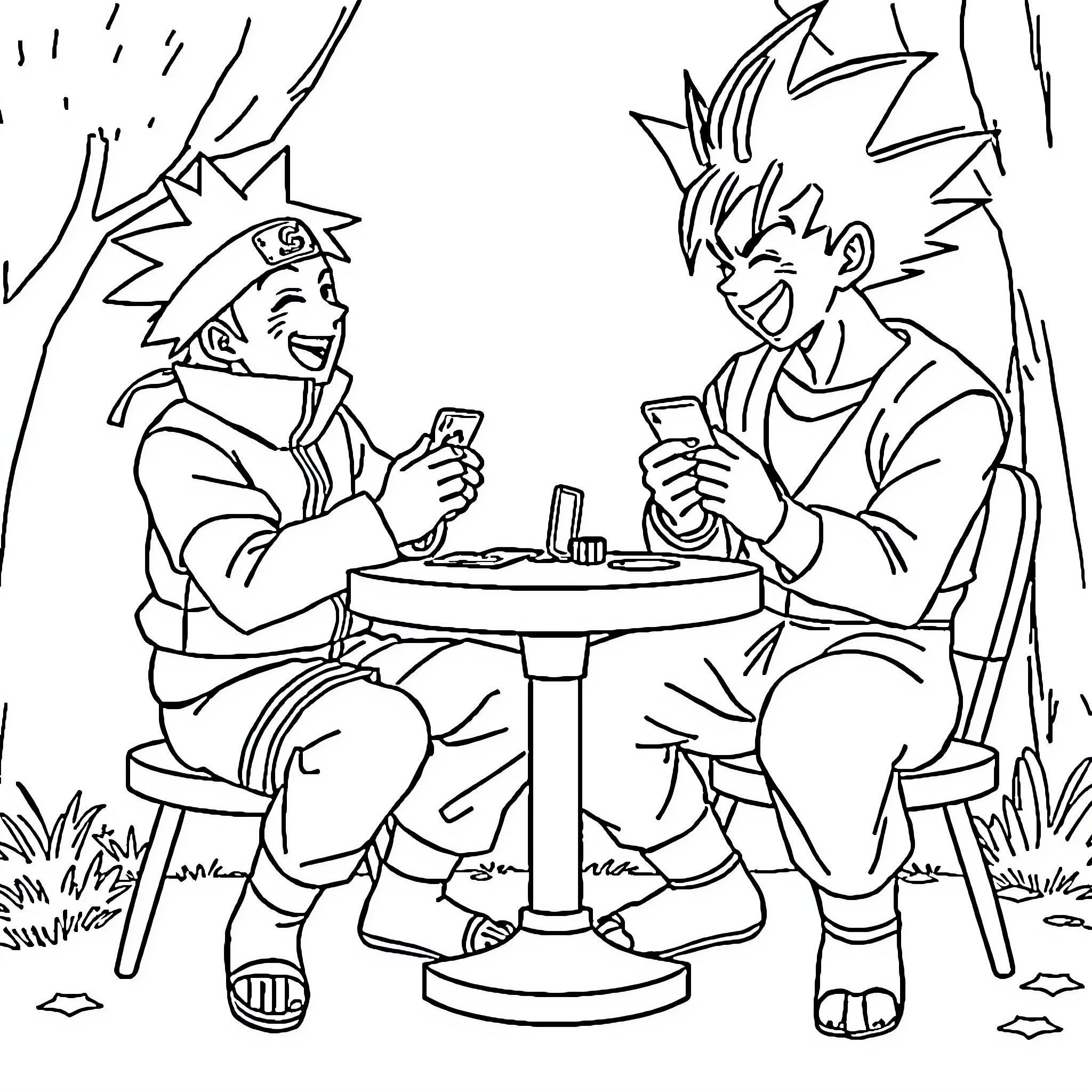 Naruto characters enjoying a friendly conversation Coloring Page (free black-and-white line drawing printable PDF for all, from beginners to advanced learners, including children, teens, adults, and seniors)