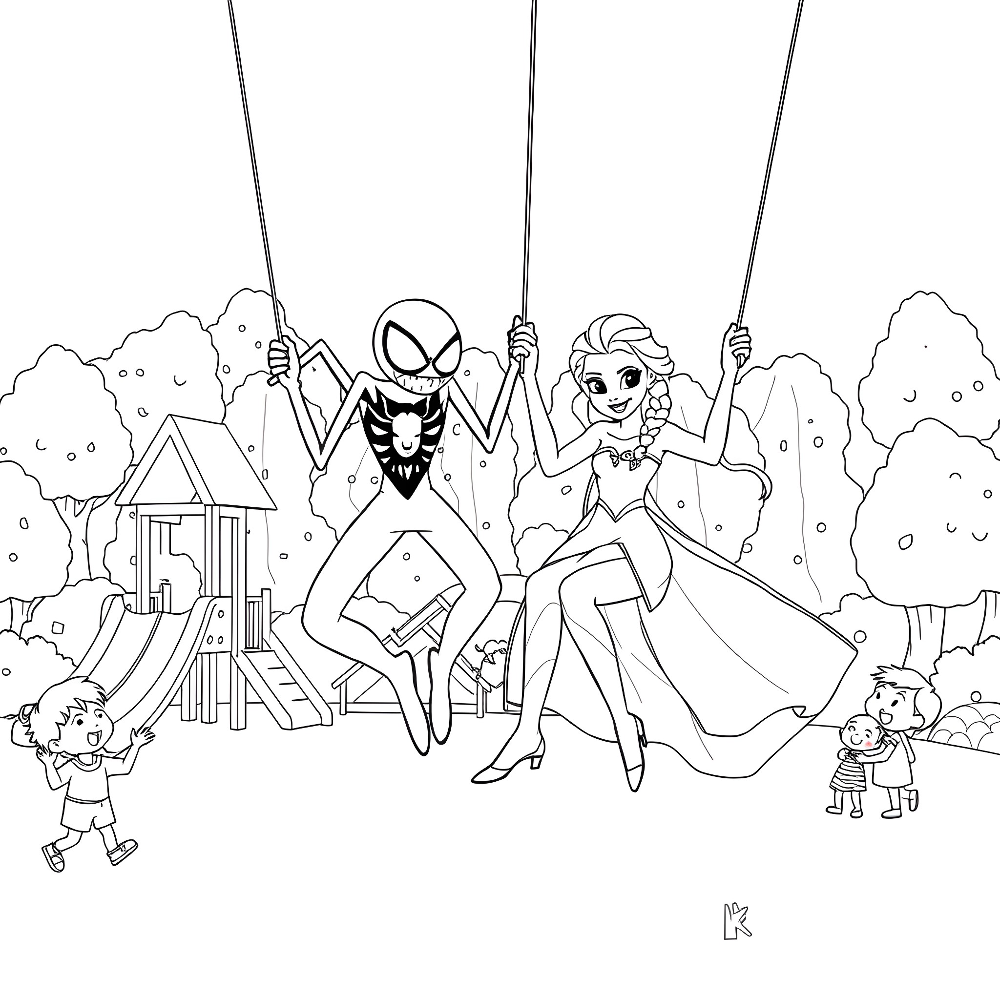 Ghost Spider and friends explore the enchanted playground Coloring Page (free black-and-white line drawing printable PDF for all, from beginners to advanced learners, including children, teens, adults, and seniors)