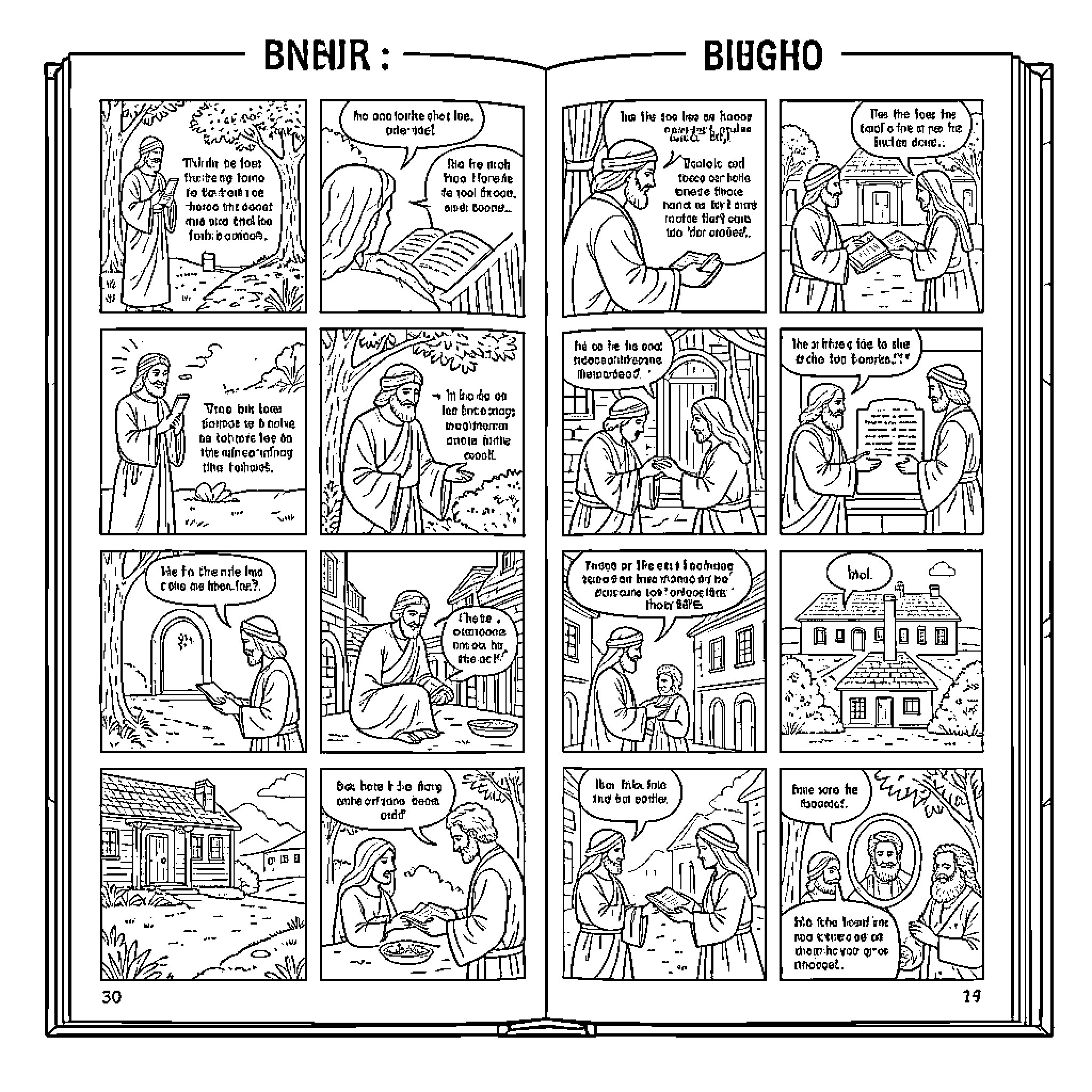 Bible characters engaged in various teaching and conversation scenes Coloring Page (free black-and-white line drawing printable PDF for all, from beginners to advanced learners, including children, teens, adults, and seniors)