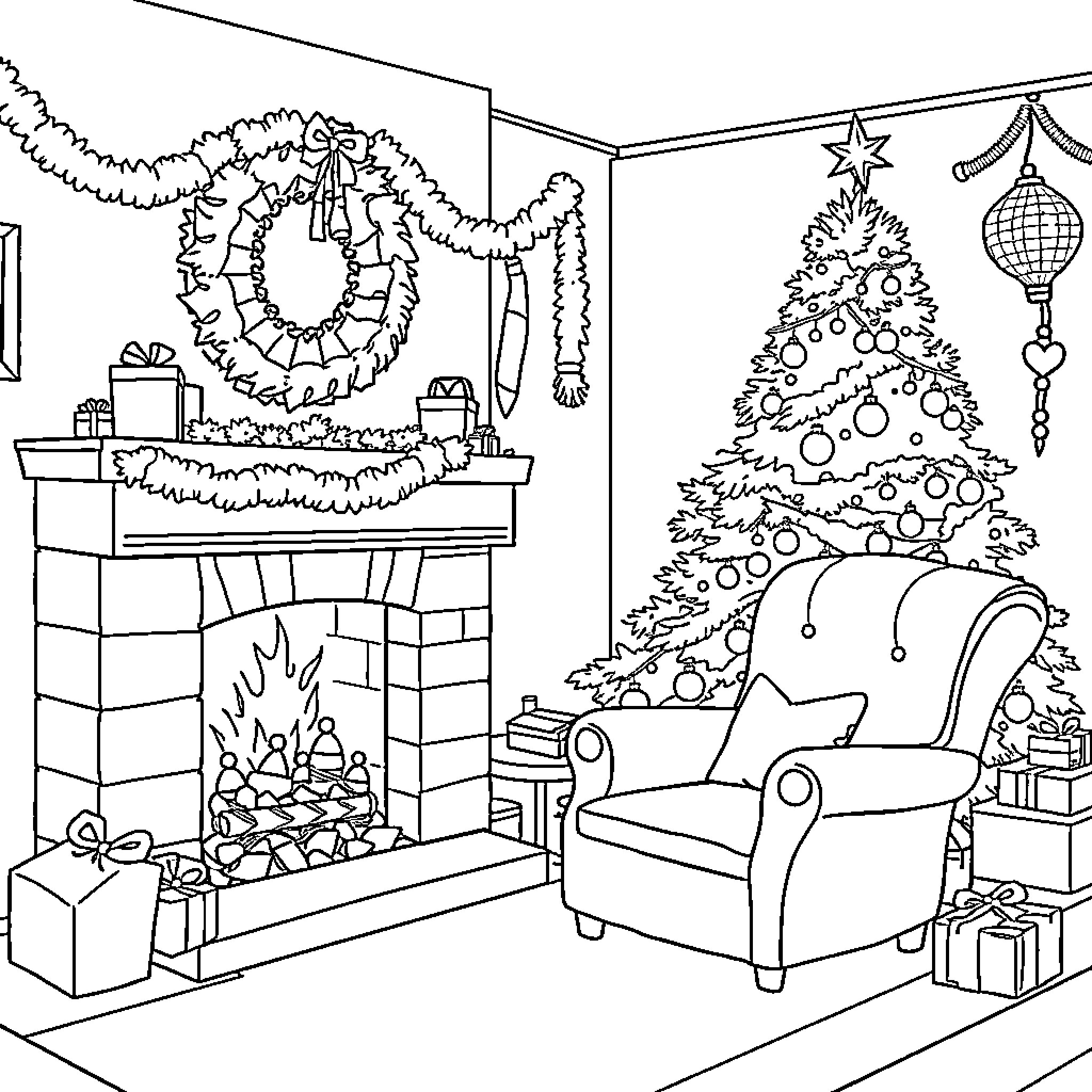 Fireplace with Christmas decorations and tree Coloring Page (free black-and-white line drawing printable PDF for all, from beginners to advanced learners, including children, teens, adults, and seniors)