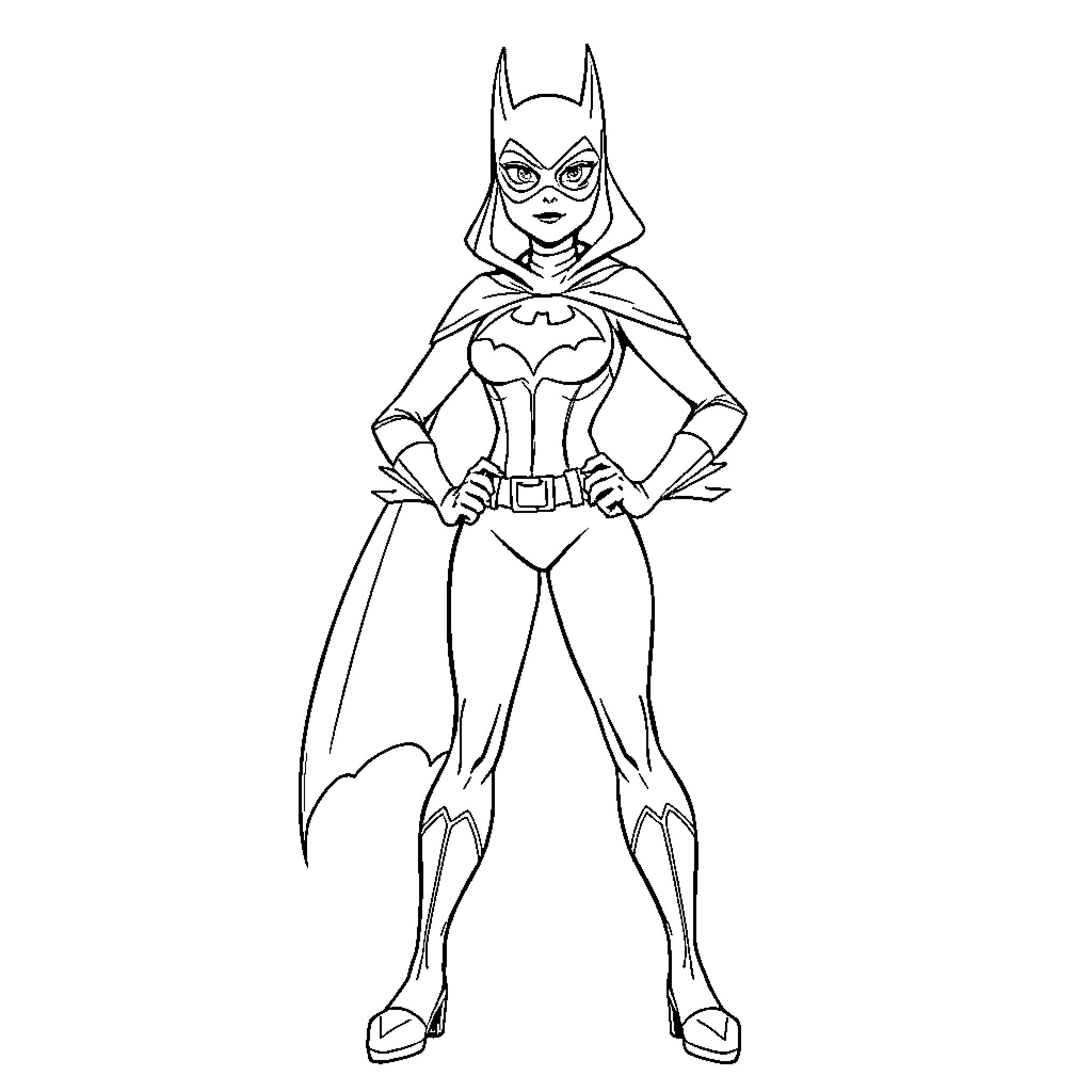 Batgirl in heroic action pose Coloring Page (free black-and-white line drawing printable PDF for all, from beginners to advanced learners, including children, teens, adults, and seniors)