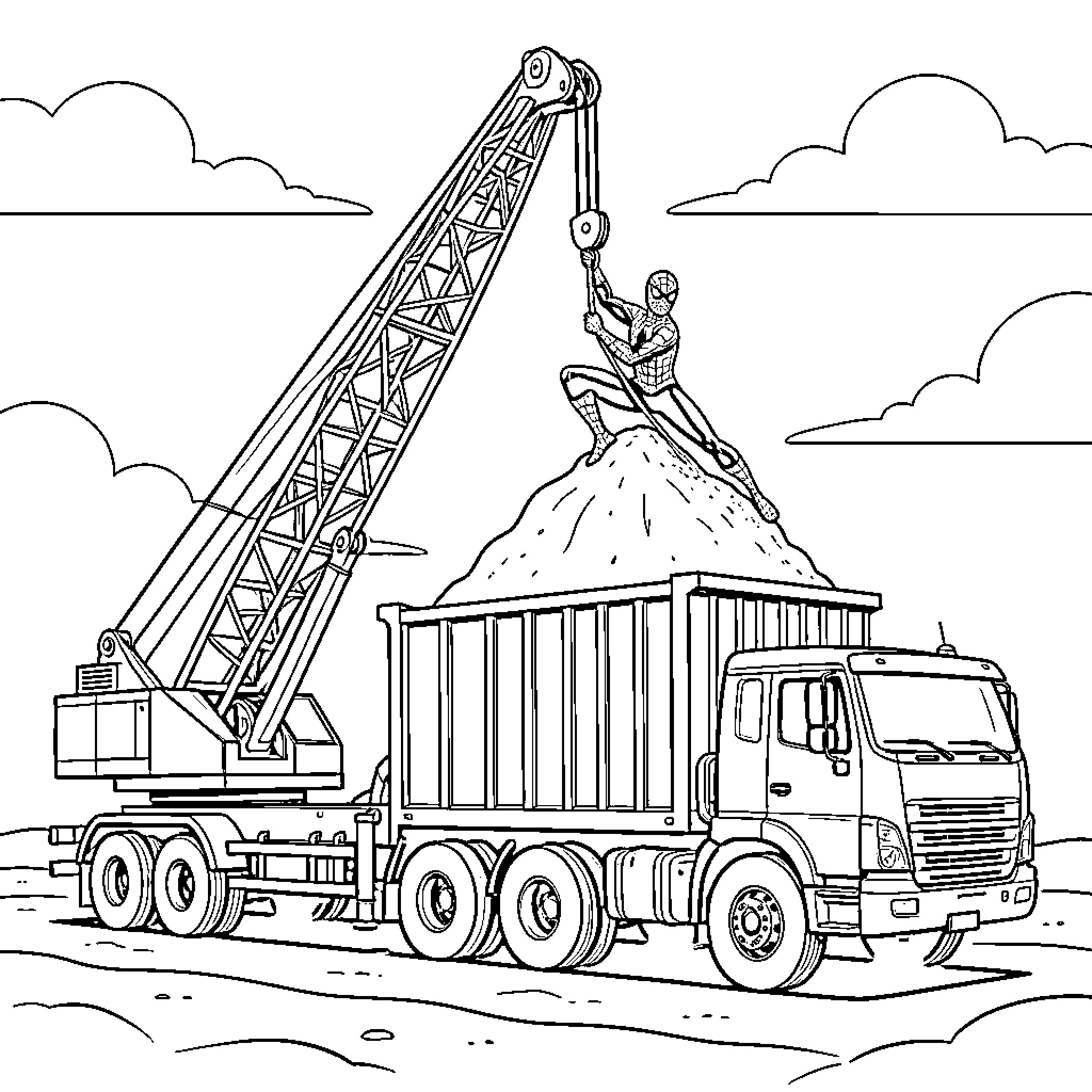 Spiderman Constructs a Skyscraper using a Crane and Truck Coloring Page (free black-and-white line drawing printable PDF for all, from beginners to advanced learners, including children, teens, adults, and seniors)