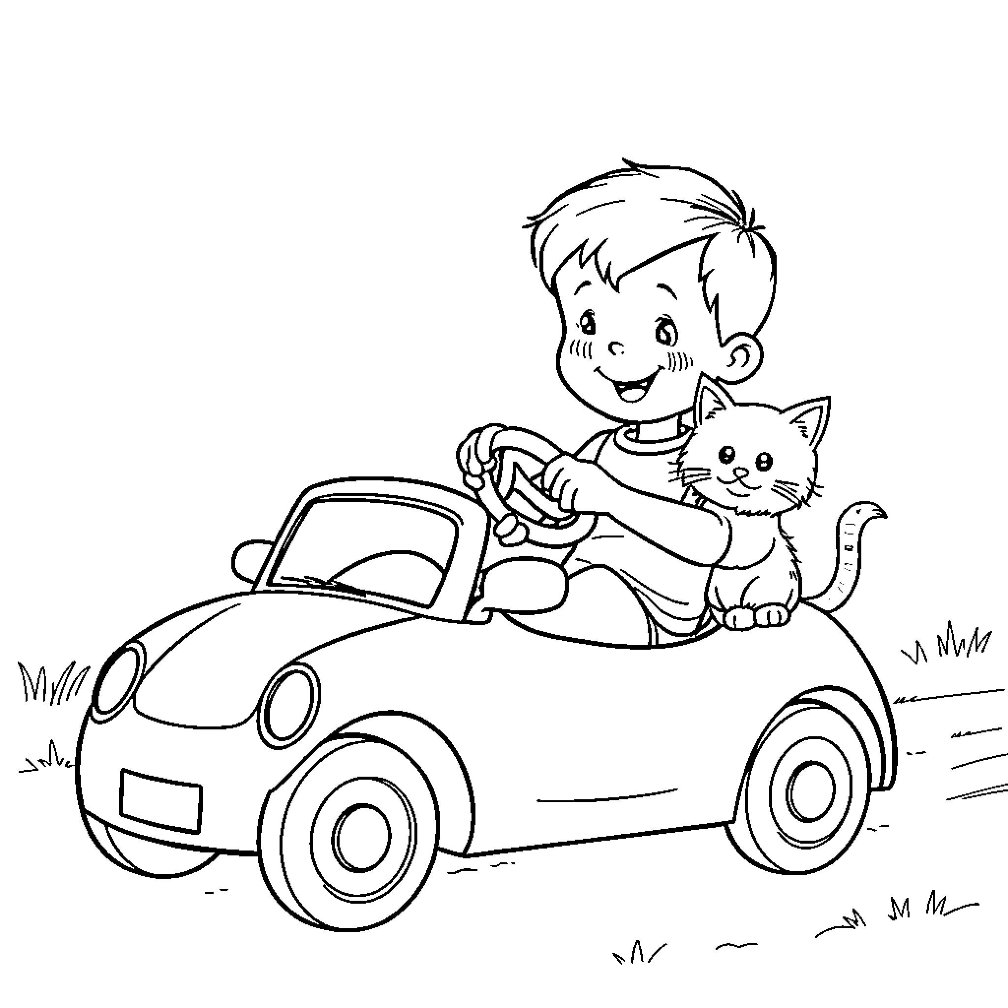Car driven by a young boy with a cat Coloring Page (free black-and-white line drawing printable PDF for all, from beginners to advanced learners, including children, teens, adults, and seniors)