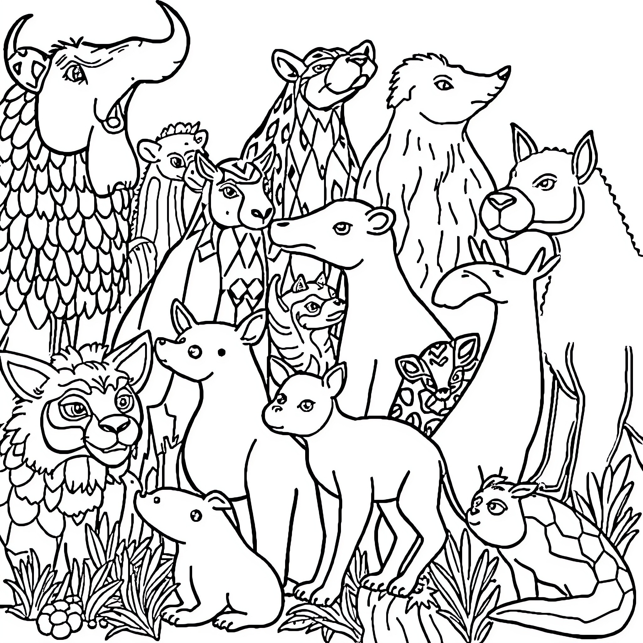 Animal group of diverse creatures in nature Coloring Page (free black-and-white line drawing printable PDF for all, from beginners to advanced learners, including children, teens, adults, and seniors)