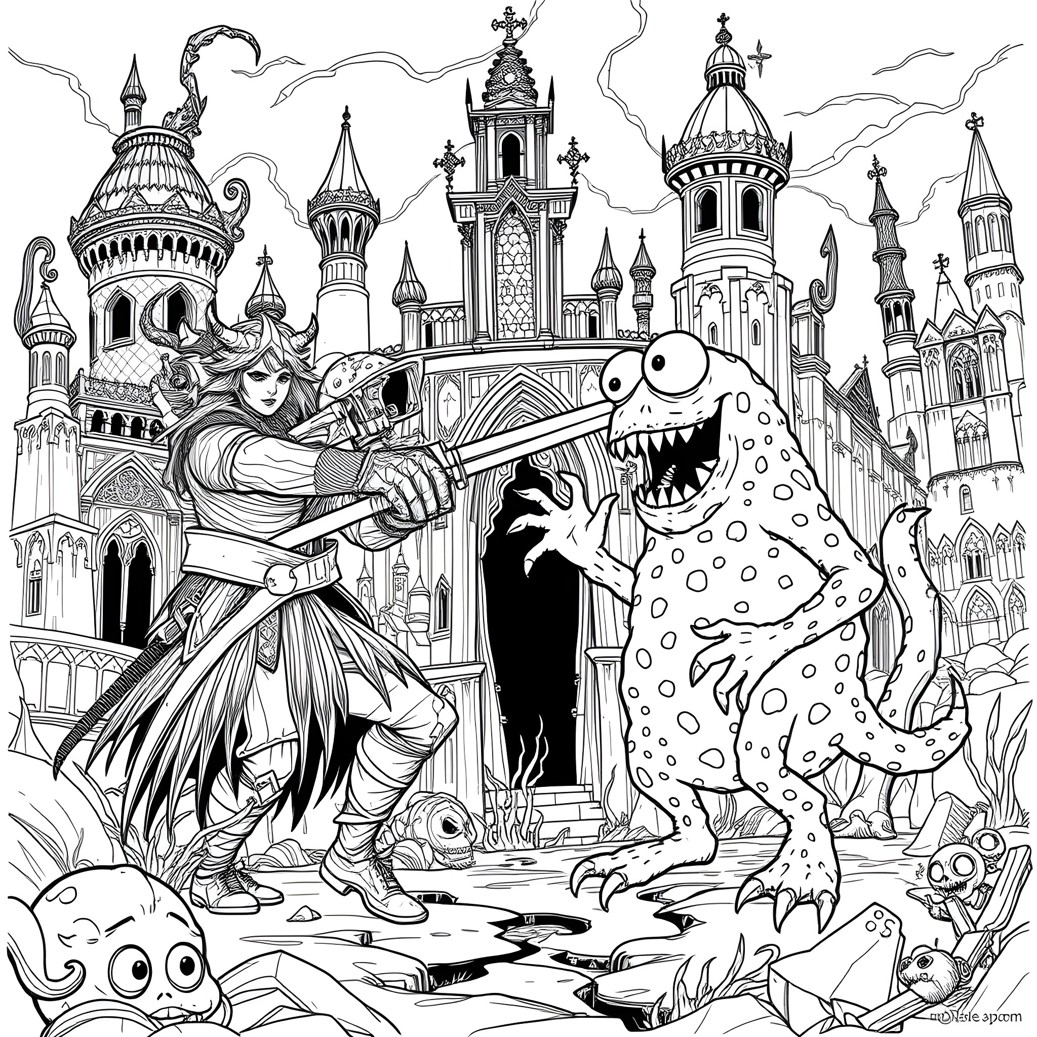 Character confronts fantastical creatures in surreal landscape Coloring Page (free black-and-white line drawing printable PDF for all, from beginners to advanced learners, including children, teens, adults, and seniors)