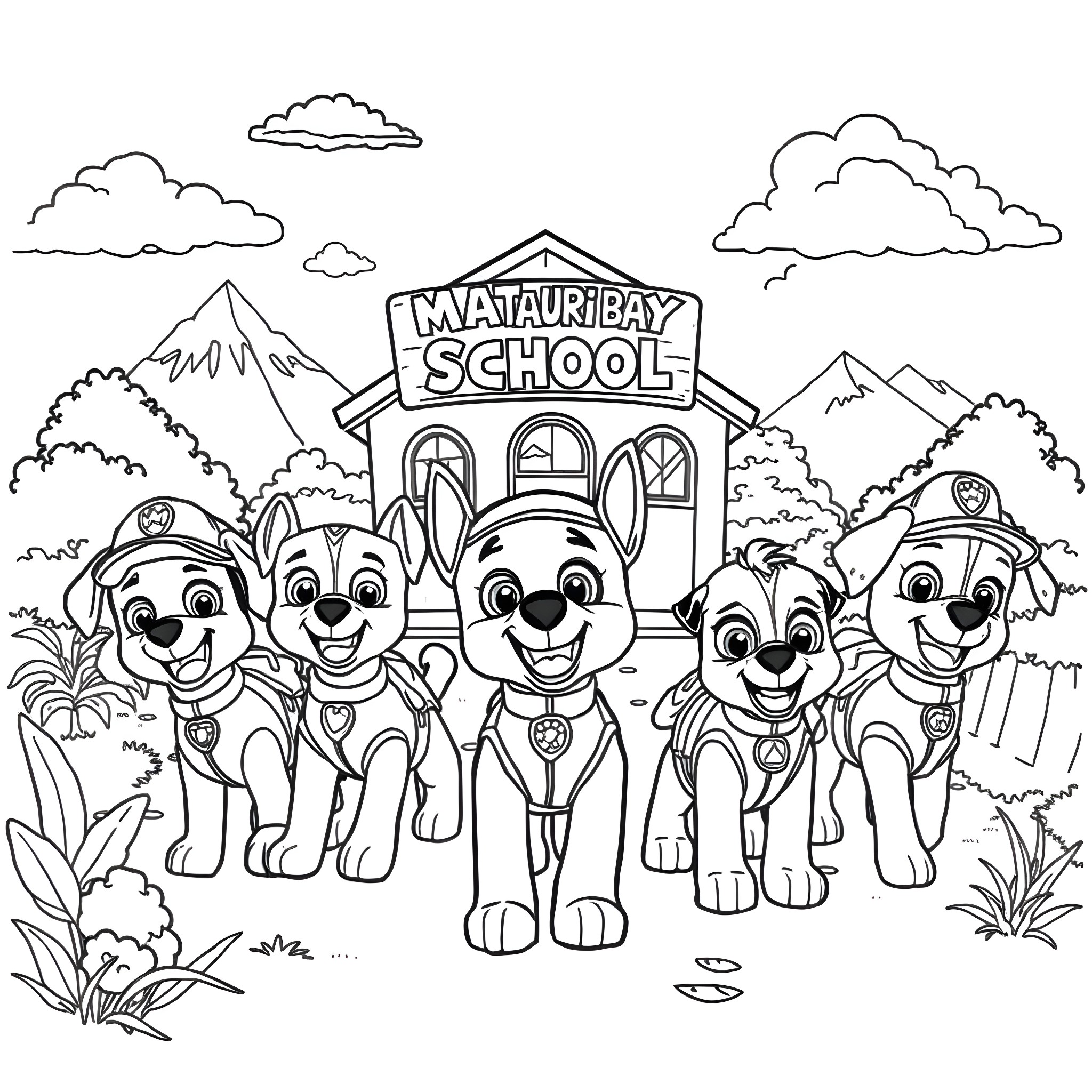 Paw Patrol Cadets at the Waterbay School Coloring Page (free black-and-white line drawing printable PDF for all, from beginners to advanced learners, including children, teens, adults, and seniors)