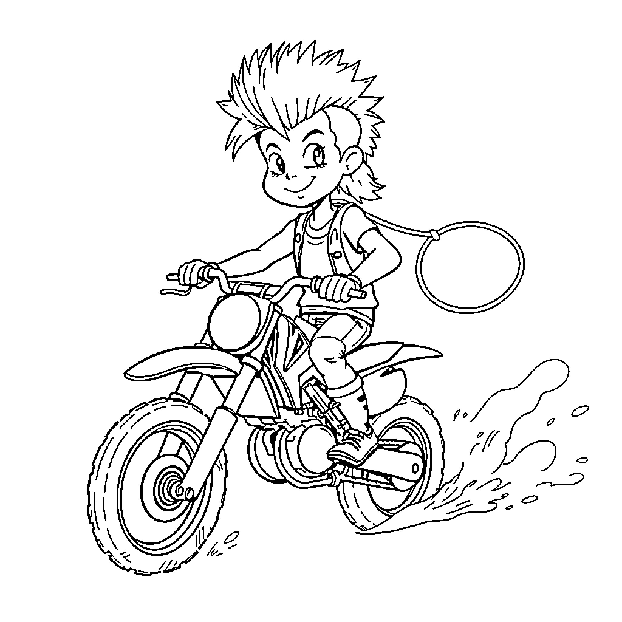 Kid riding a dirt bike enthusiastically Coloring Page (free black-and-white line drawing printable PDF for all, from beginners to advanced learners, including children, teens, adults, and seniors)