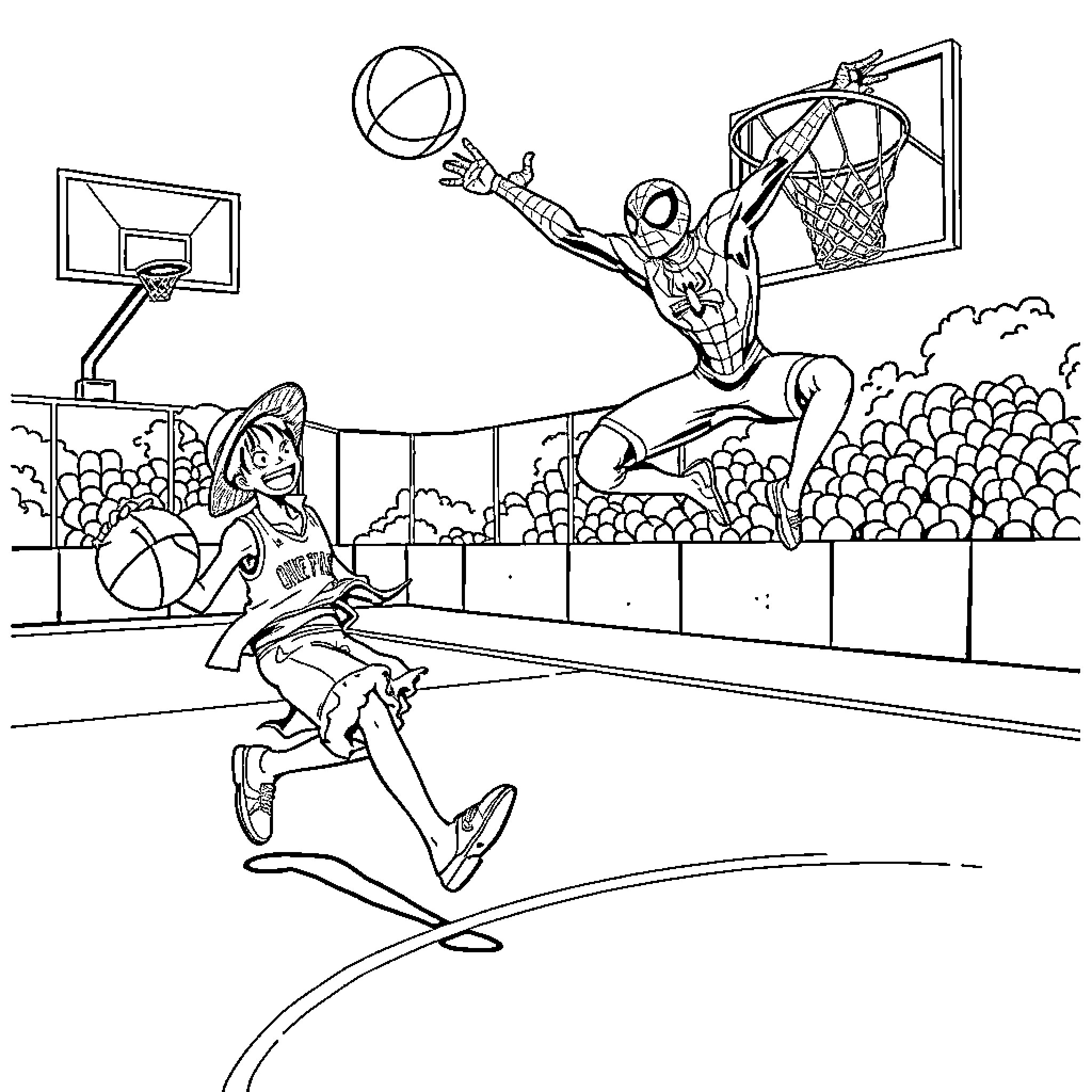 Luffy's Thrilling Basketball Adventure Coloring Page (free black-and-white line drawing printable PDF for all, from beginners to advanced learners, including children, teens, adults, and seniors)