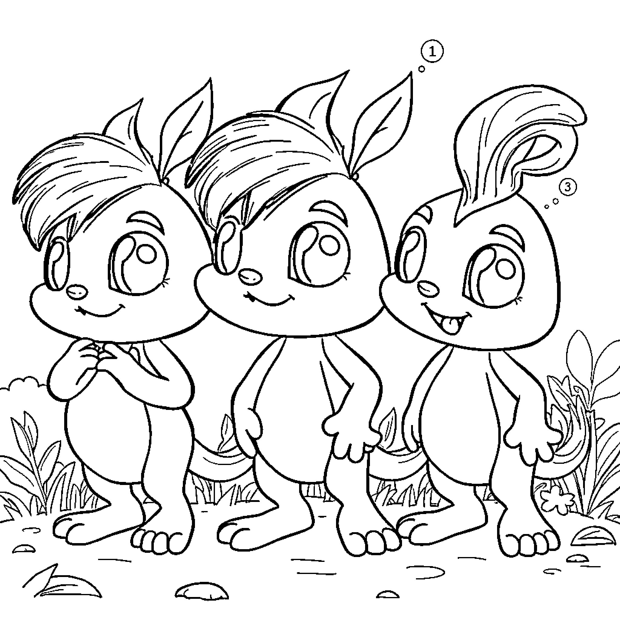 Sprunki friends enjoying nature together Coloring Page (free black-and-white line drawing printable PDF for all, from beginners to advanced learners, including children, teens, adults, and seniors)