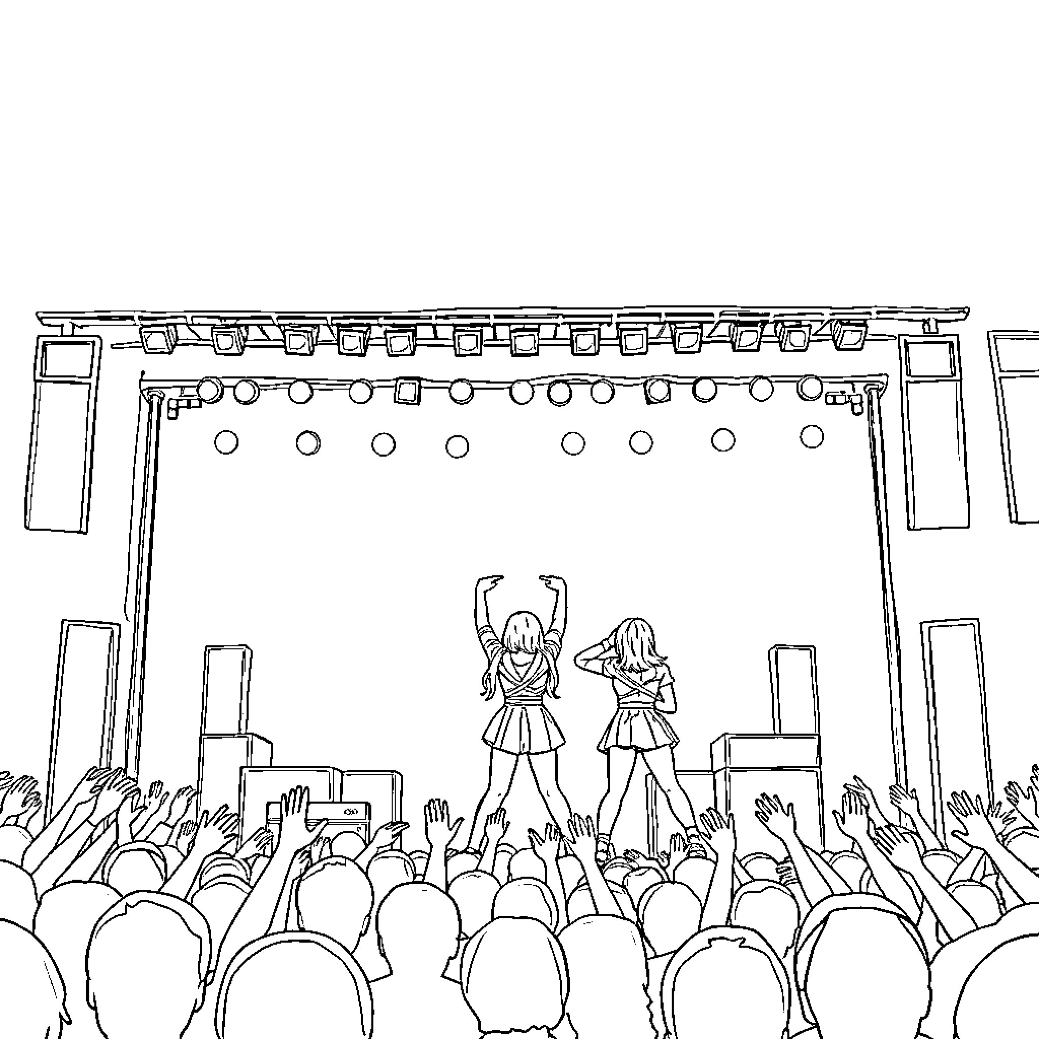 Blackpink performing on stage before cheering crowd Coloring Page (free black-and-white line drawing printable PDF for all, from beginners to advanced learners, including children, teens, adults, and seniors)