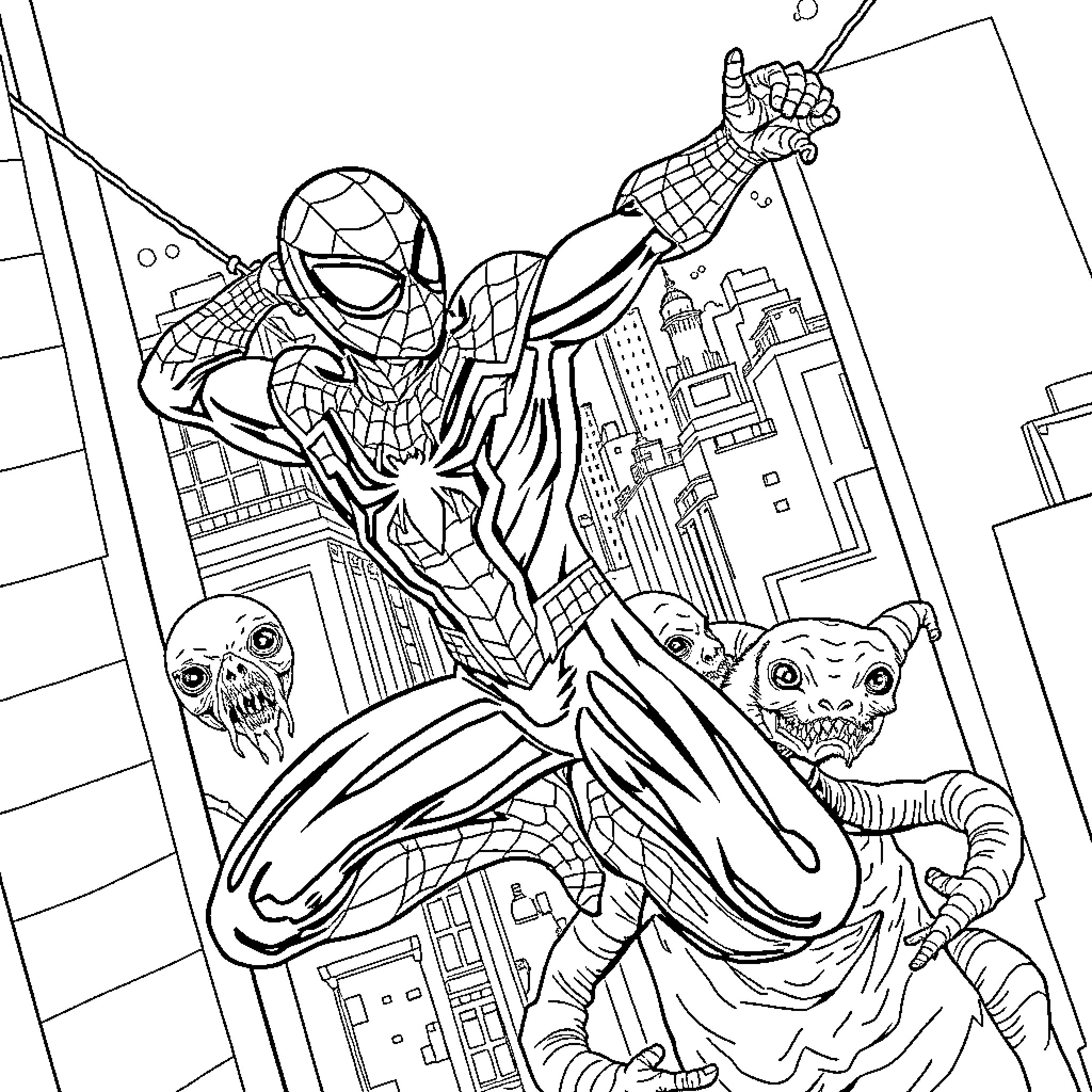 Spiderman swinging through the city battling villains Coloring Page (free black-and-white line drawing printable PDF for all, from beginners to advanced learners, including children, teens, adults, and seniors)