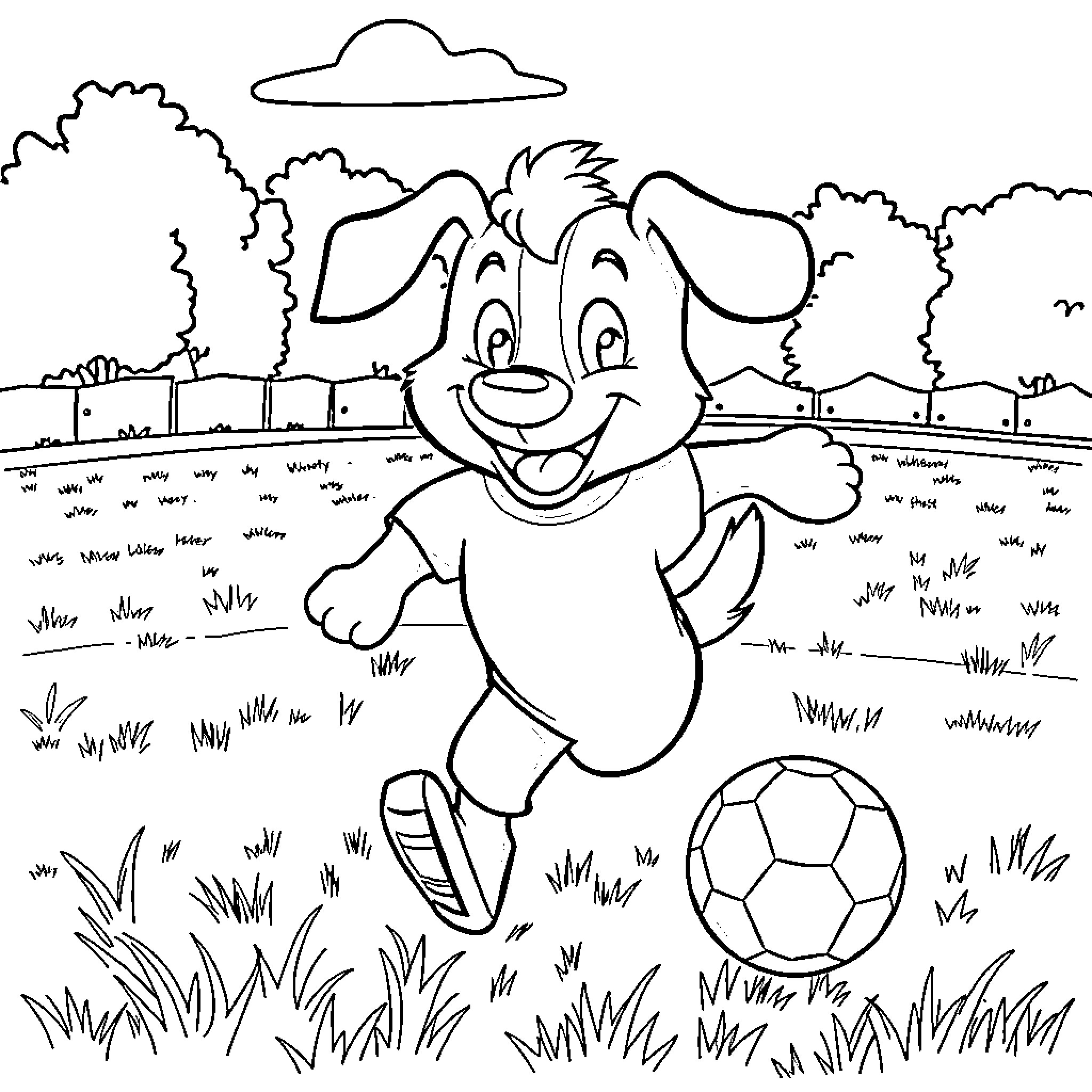 Dog playing with soccer ball in the park Coloring Page (free black-and-white line drawing printable PDF for all, from beginners to advanced learners, including children, teens, adults, and seniors)