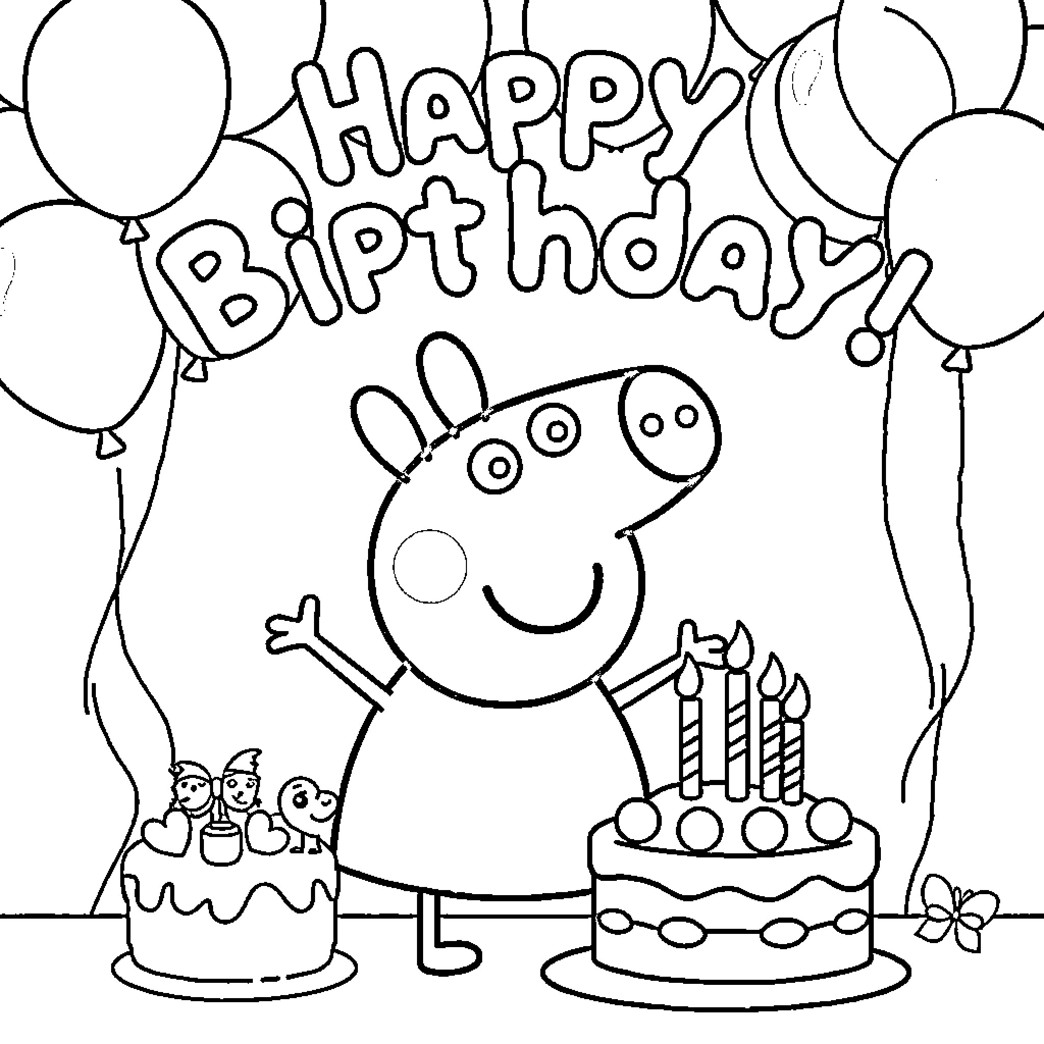 Peppa Pig's happy birthday celebration Coloring Page (free black-and-white line drawing printable PDF for all, from beginners to advanced learners, including children, teens, adults, and seniors)