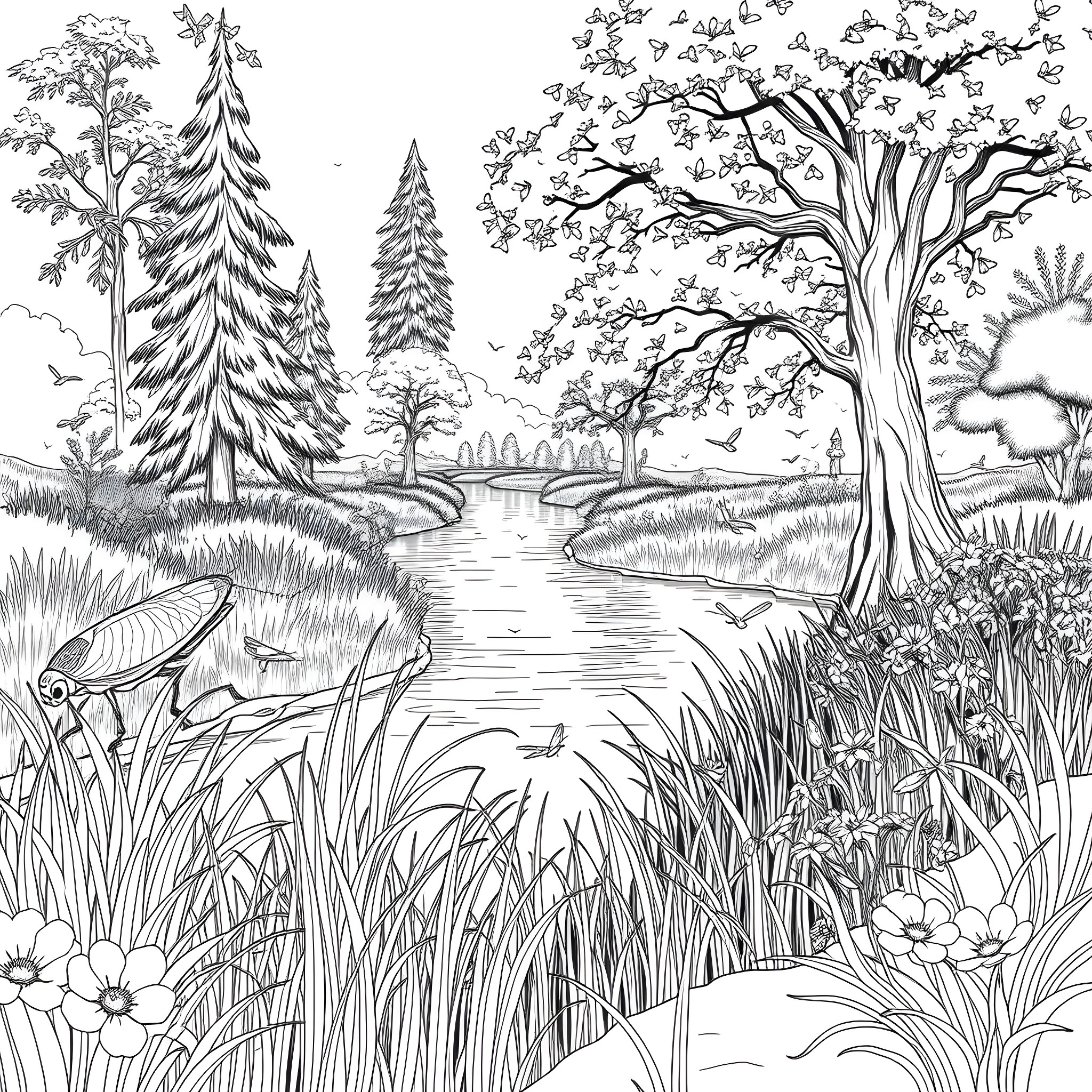 Grasshopper frolicking in lush forest landscape Coloring Page (free black-and-white line drawing printable PDF for all, from beginners to advanced learners, including children, teens, adults, and seniors)