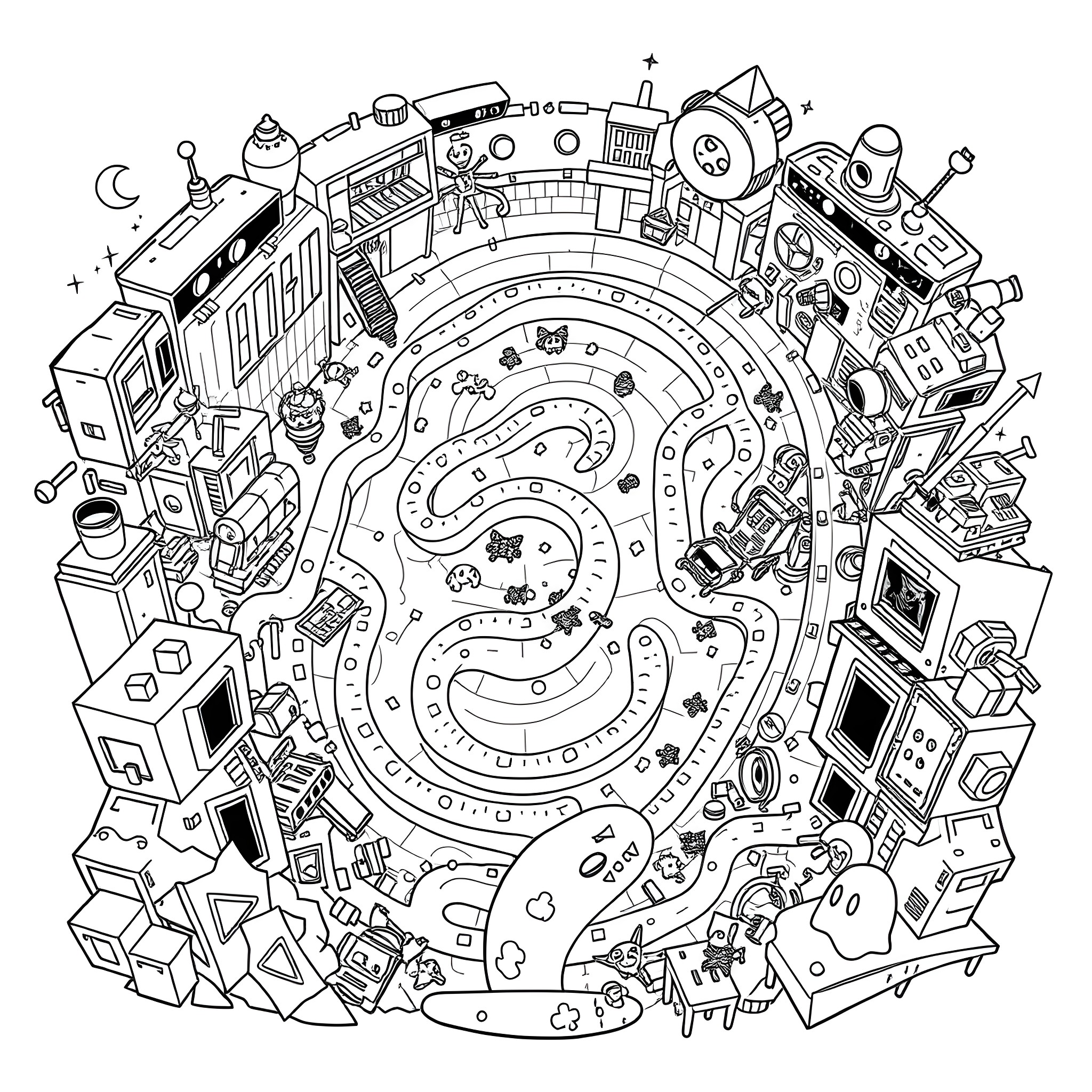 Pacman's Whimsical Adventure in the Techno-Maze Coloring Page (free black-and-white line drawing printable PDF for all, from beginners to advanced learners, including children, teens, adults, and seniors)