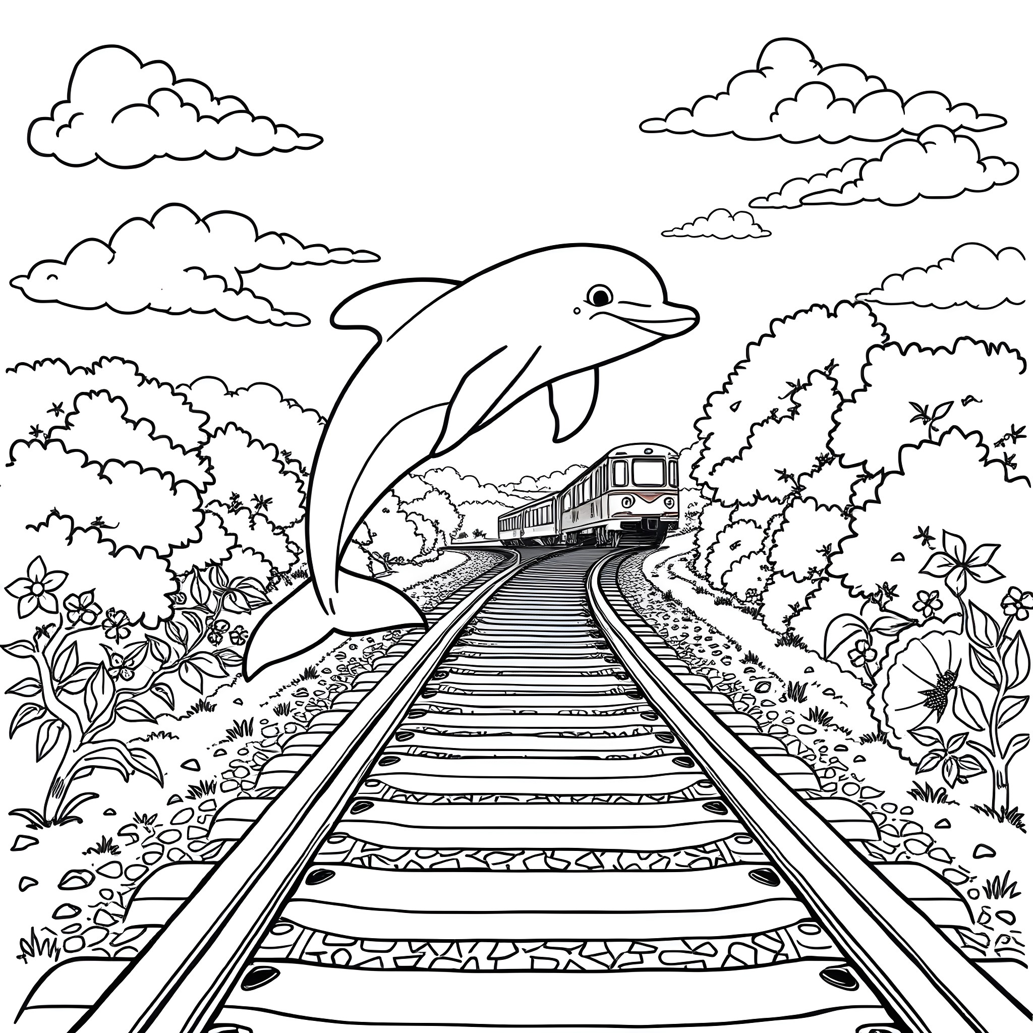 Dolphin swimming over the train tracks in nature Coloring Page (free black-and-white line drawing printable PDF for all, from beginners to advanced learners, including children, teens, adults, and seniors)