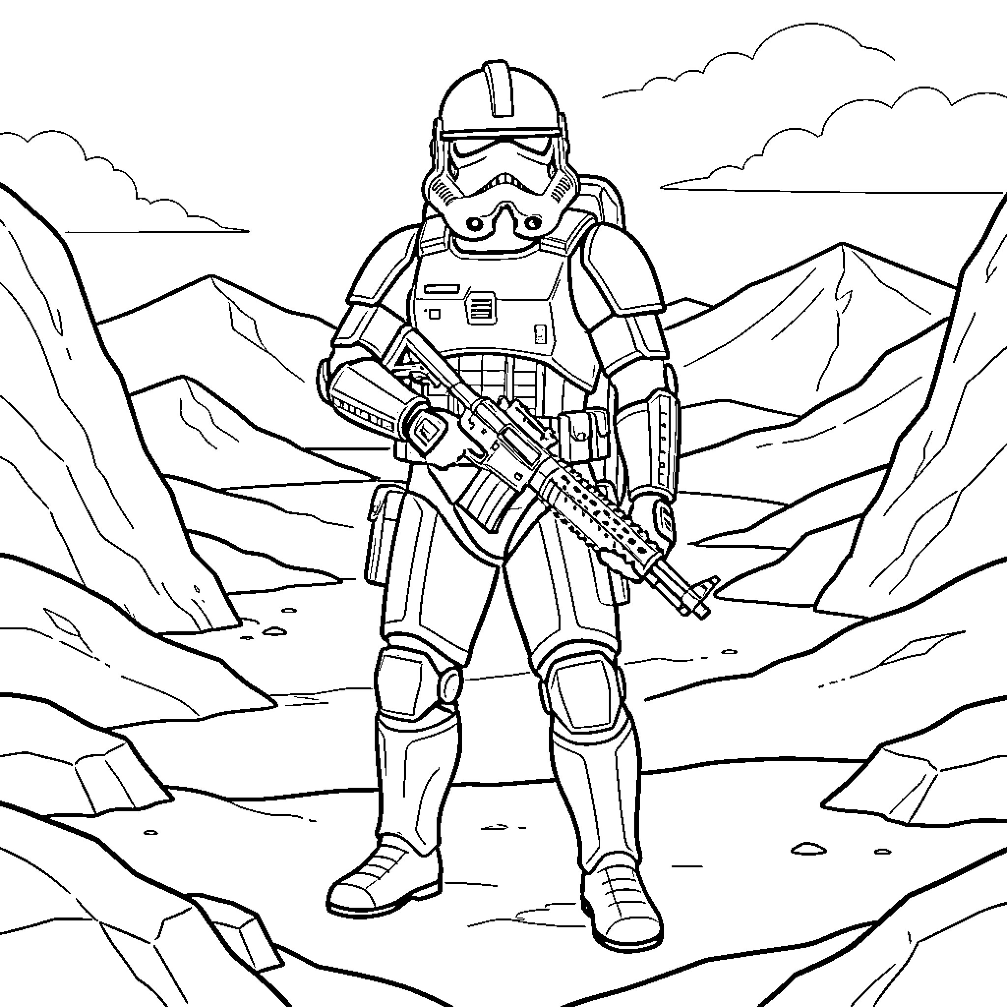 Snowtrooper standing guard in a rocky mountain landscape Coloring Page (free black-and-white line drawing printable PDF for all, from beginners to advanced learners, including children, teens, adults, and seniors)
