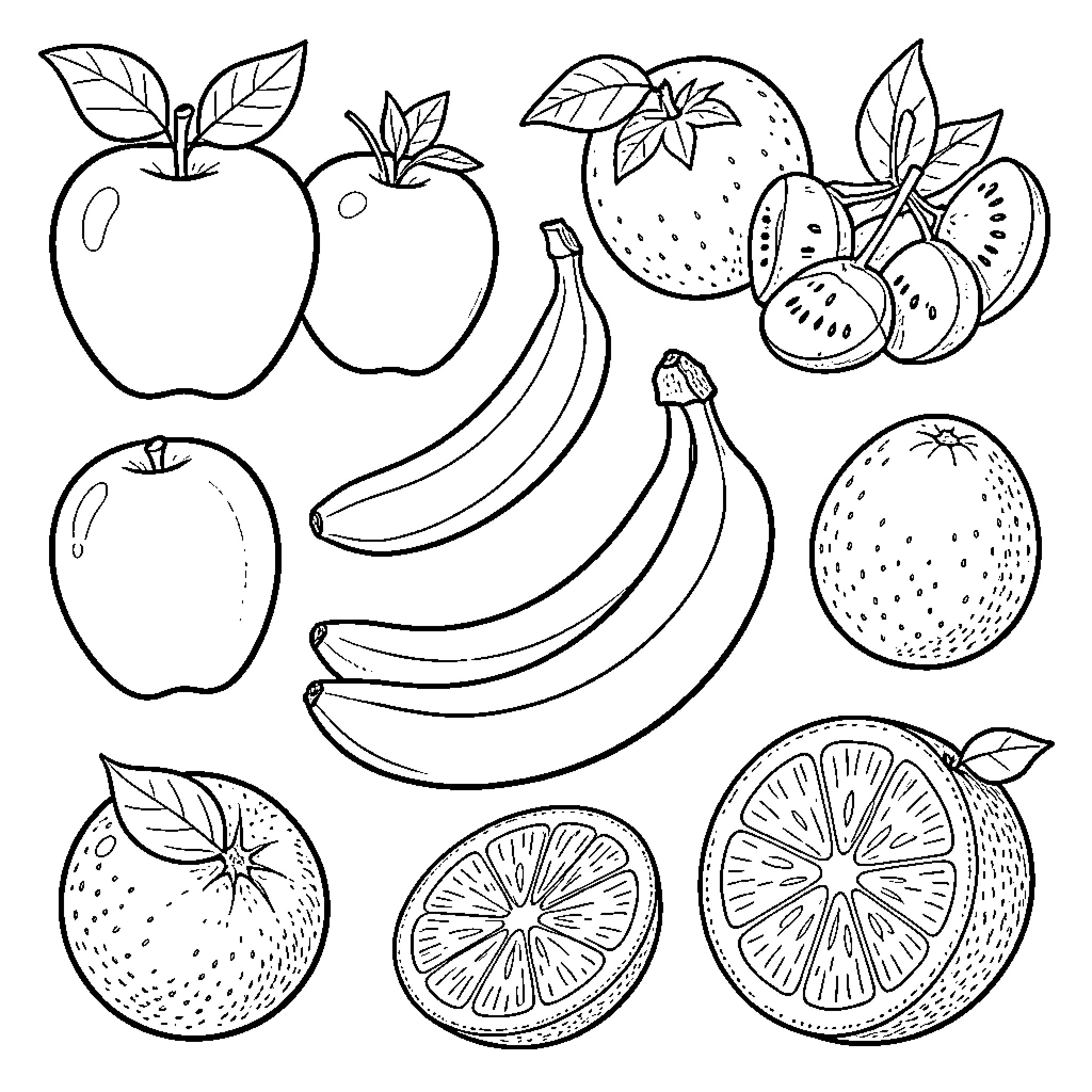 Fruit basket of various shapes and sizes Coloring Page (free black-and-white line drawing printable PDF for all, from beginners to advanced learners, including children, teens, adults, and seniors)