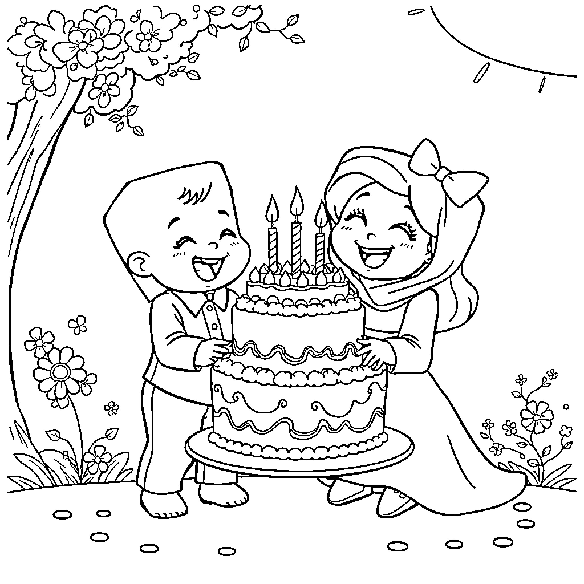 Box of happy celebration with birthday cake Coloring Page (free black-and-white line drawing printable PDF for all, from beginners to advanced learners, including children, teens, adults, and seniors)