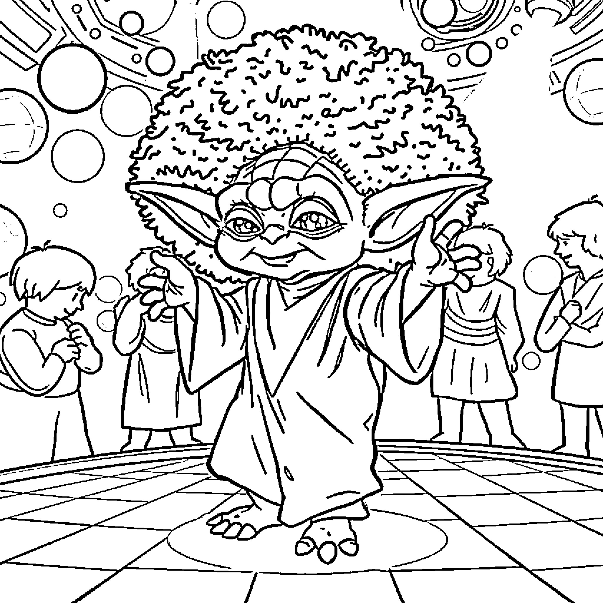 Yoda engaging in curious expressions in a lively setting Coloring Page (free black-and-white line drawing printable PDF for all, from beginners to advanced learners, including children, teens, adults, and seniors)