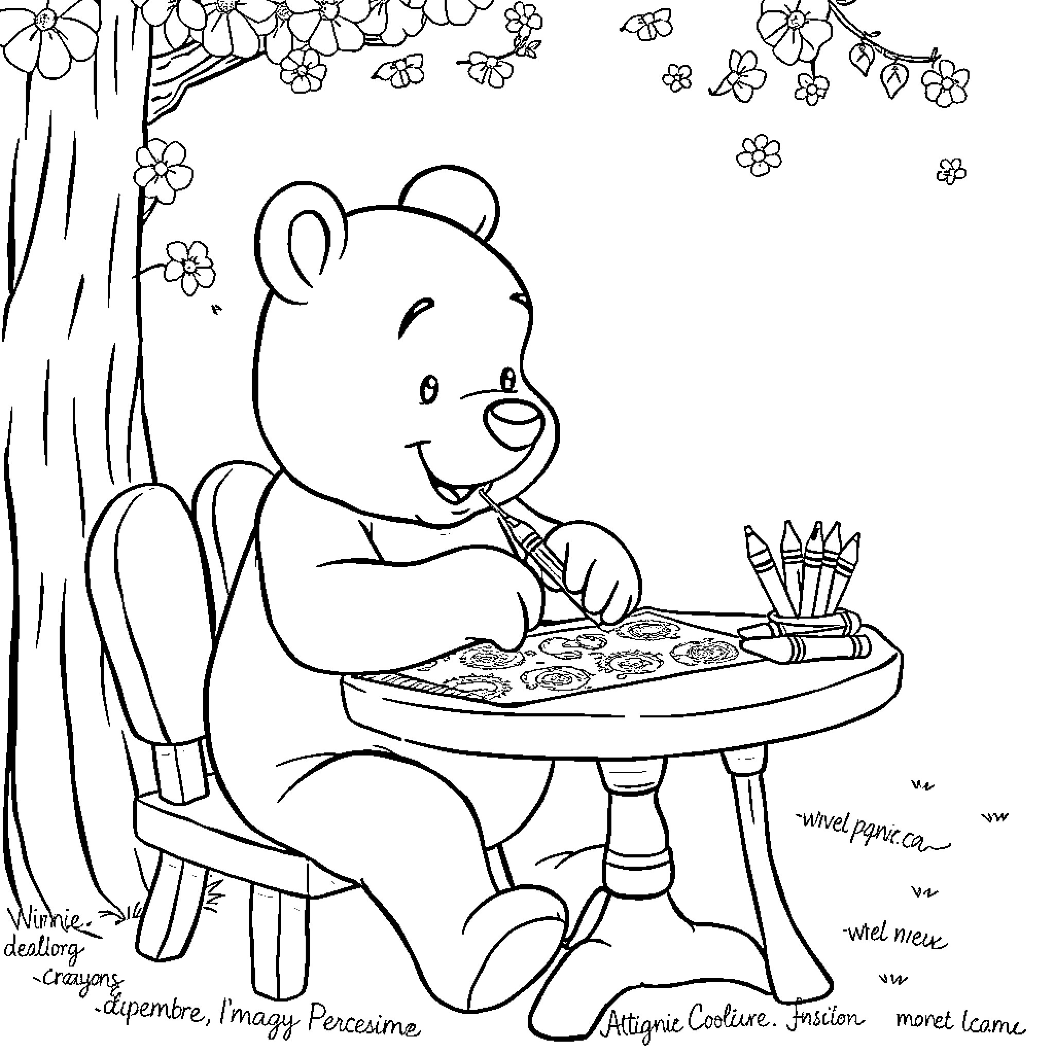 Winnie the Bear Enjoying Painting and Crafts Coloring Page (free black-and-white line drawing printable PDF for all, from beginners to advanced learners, including children, teens, adults, and seniors)