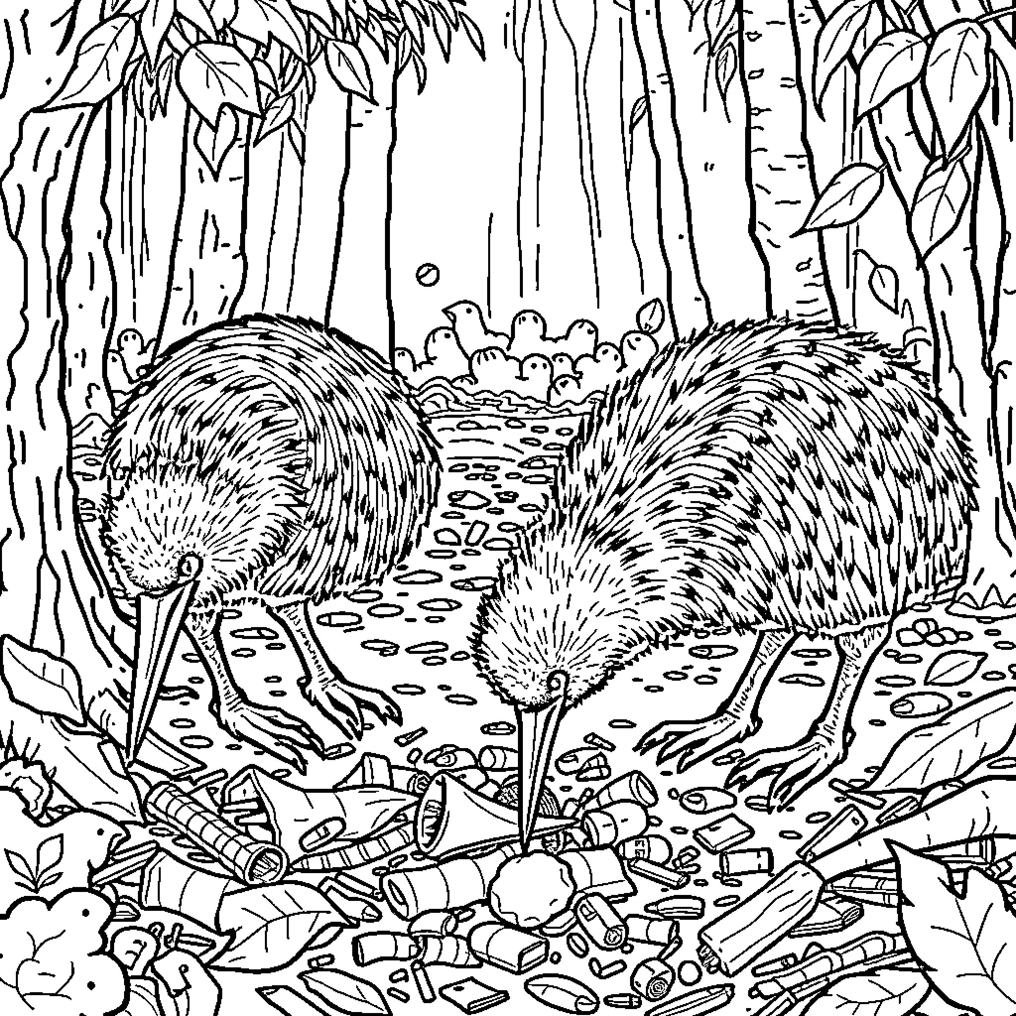 Kiwi Foraging in the Enchanted Forest Coloring Page (free black-and-white line drawing printable PDF for all, from beginners to advanced learners, including children, teens, adults, and seniors)