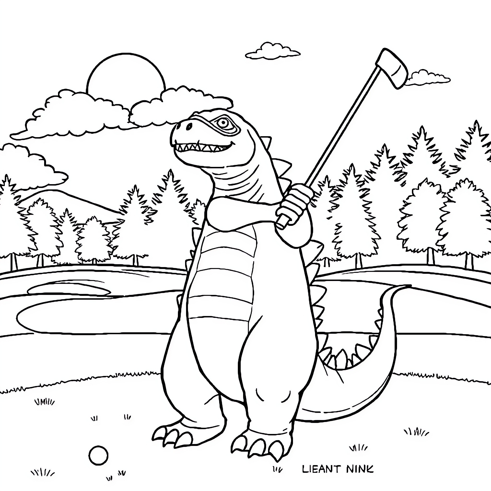 Godzilla wielding a battle axe in a forest landscape Coloring Page (free black-and-white line drawing printable PDF for all, from beginners to advanced learners, including children, teens, adults, and seniors)