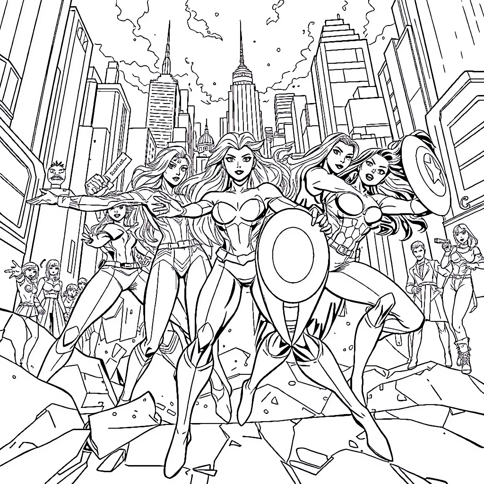 Chica heroes assembling for action in the city Coloring Page (free black-and-white line drawing printable PDF for all, from beginners to advanced learners, including children, teens, adults, and seniors)