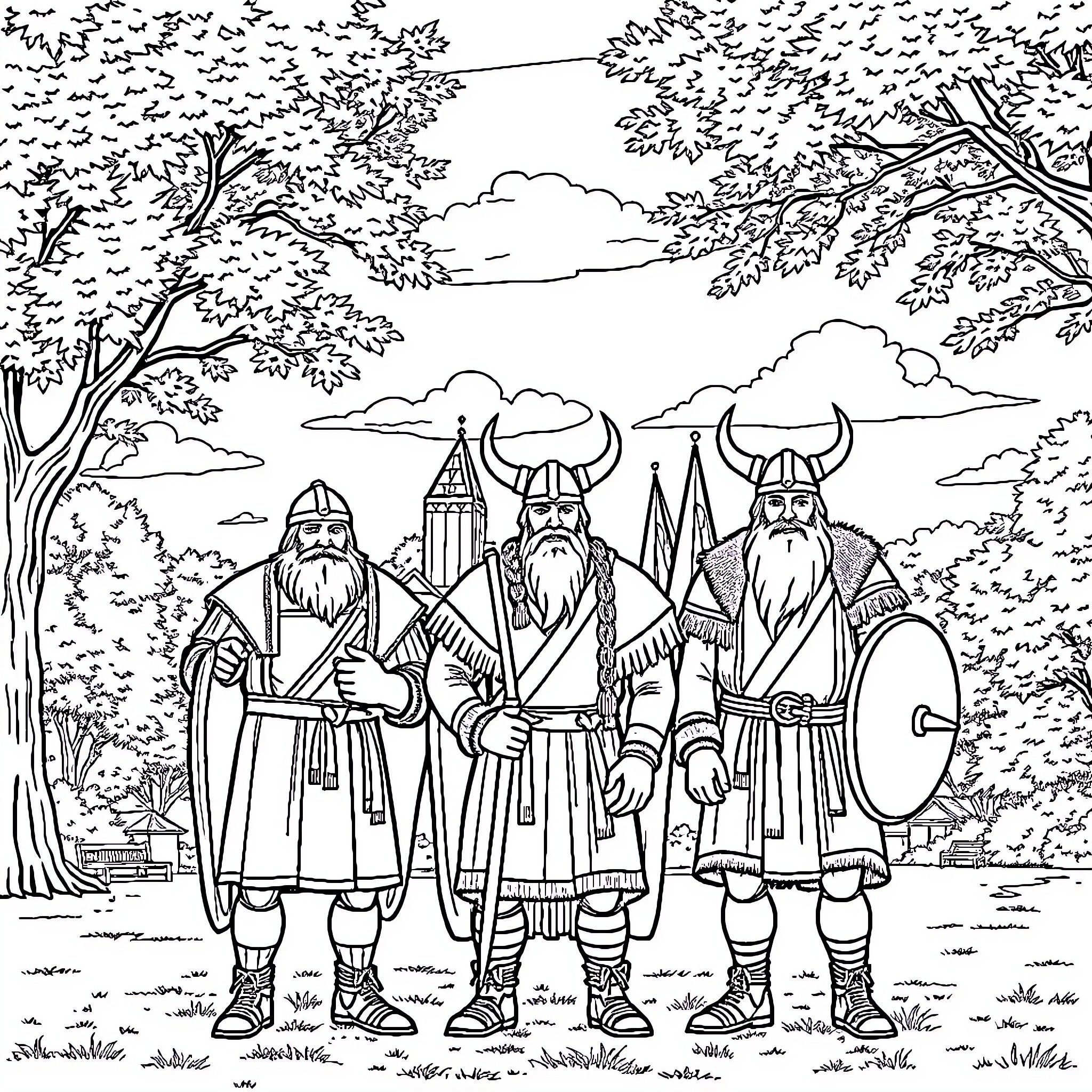 Viking Warriors Marching in Scenic Landscape Coloring Page (free black-and-white line drawing printable PDF for all, from beginners to advanced learners, including children, teens, adults, and seniors)