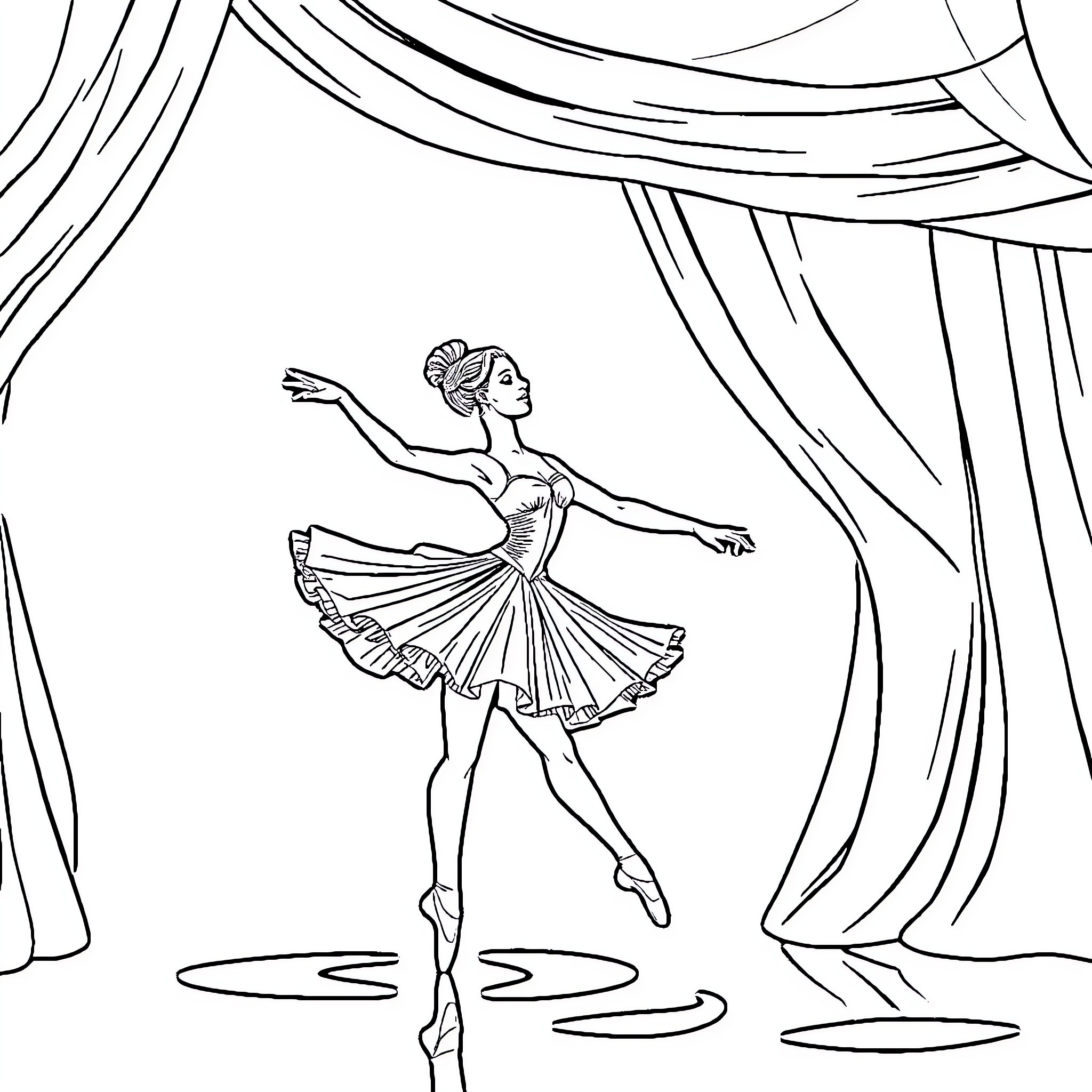 Ballerina gracefully performing on stage Coloring Page (free black-and-white line drawing printable PDF for all, from beginners to advanced learners, including children, teens, adults, and seniors)