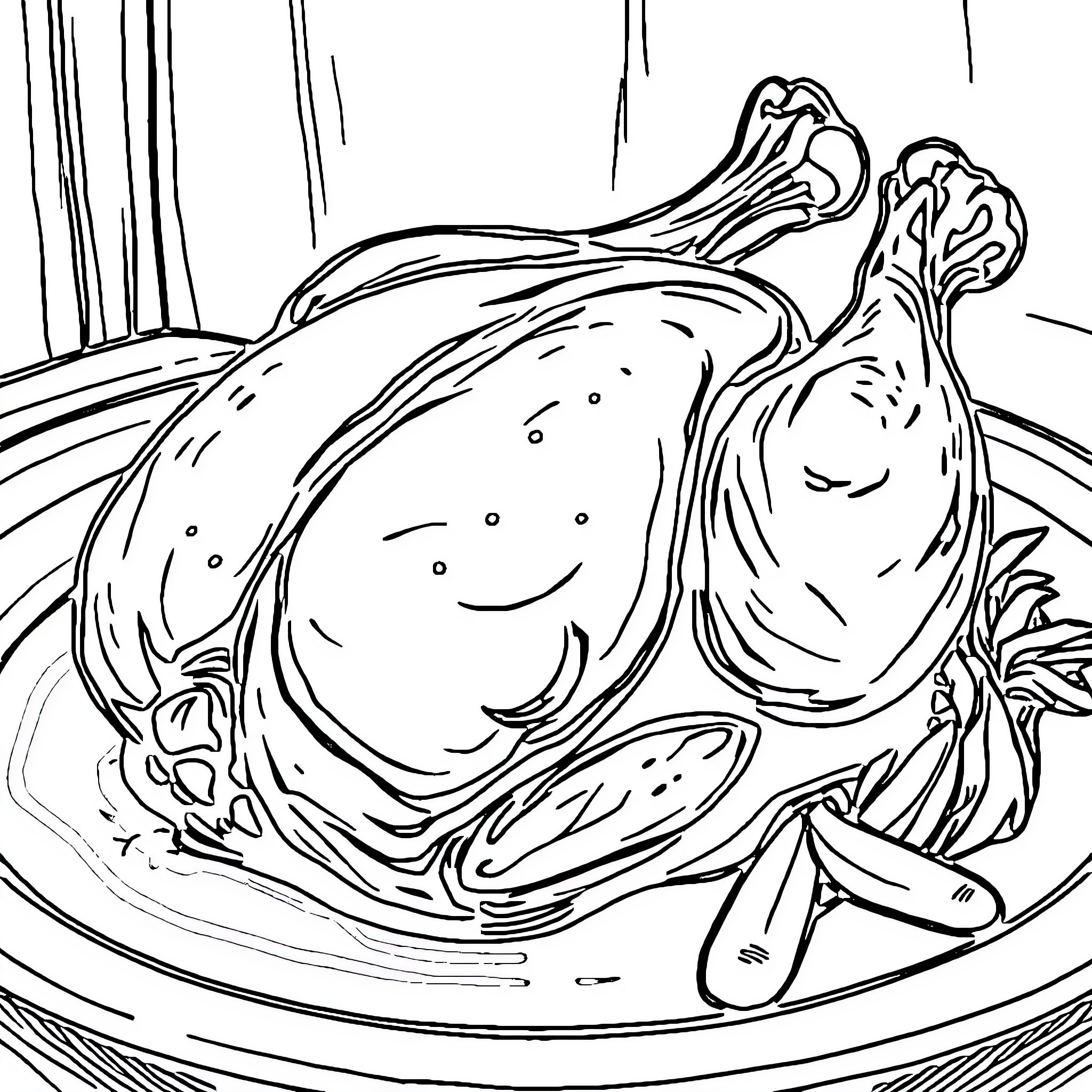 Chicken on a platter with utensils Coloring Page (free black-and-white line drawing printable PDF for all, from beginners to advanced learners, including children, teens, adults, and seniors)