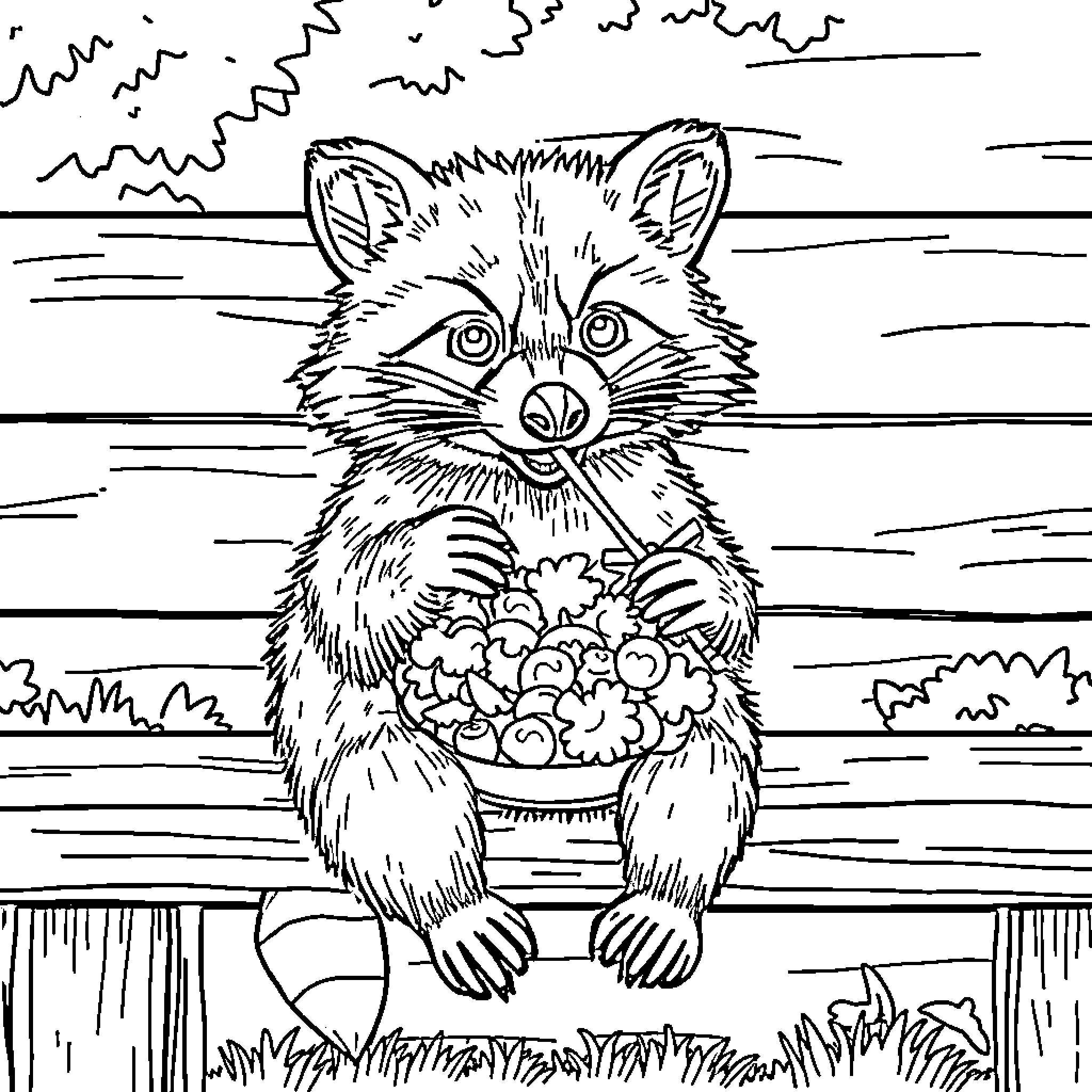 Raccoon with a bouquet of flowers Coloring Page (free black-and-white line drawing printable PDF for all, from beginners to advanced learners, including children, teens, adults, and seniors)