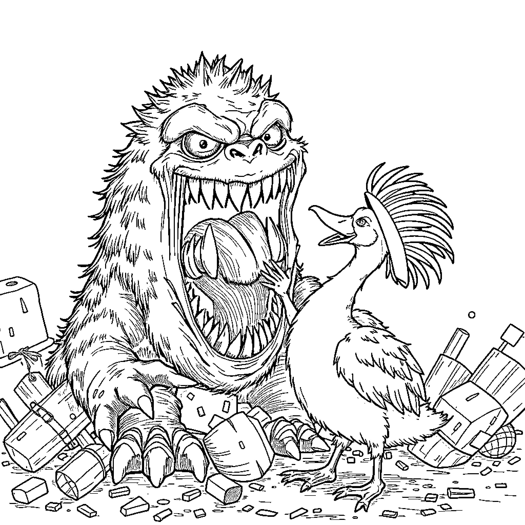 Monster attacking a frightened bird with scattered debris Coloring Page (free black-and-white line drawing printable PDF for all, from beginners to advanced learners, including children, teens, adults, and seniors)