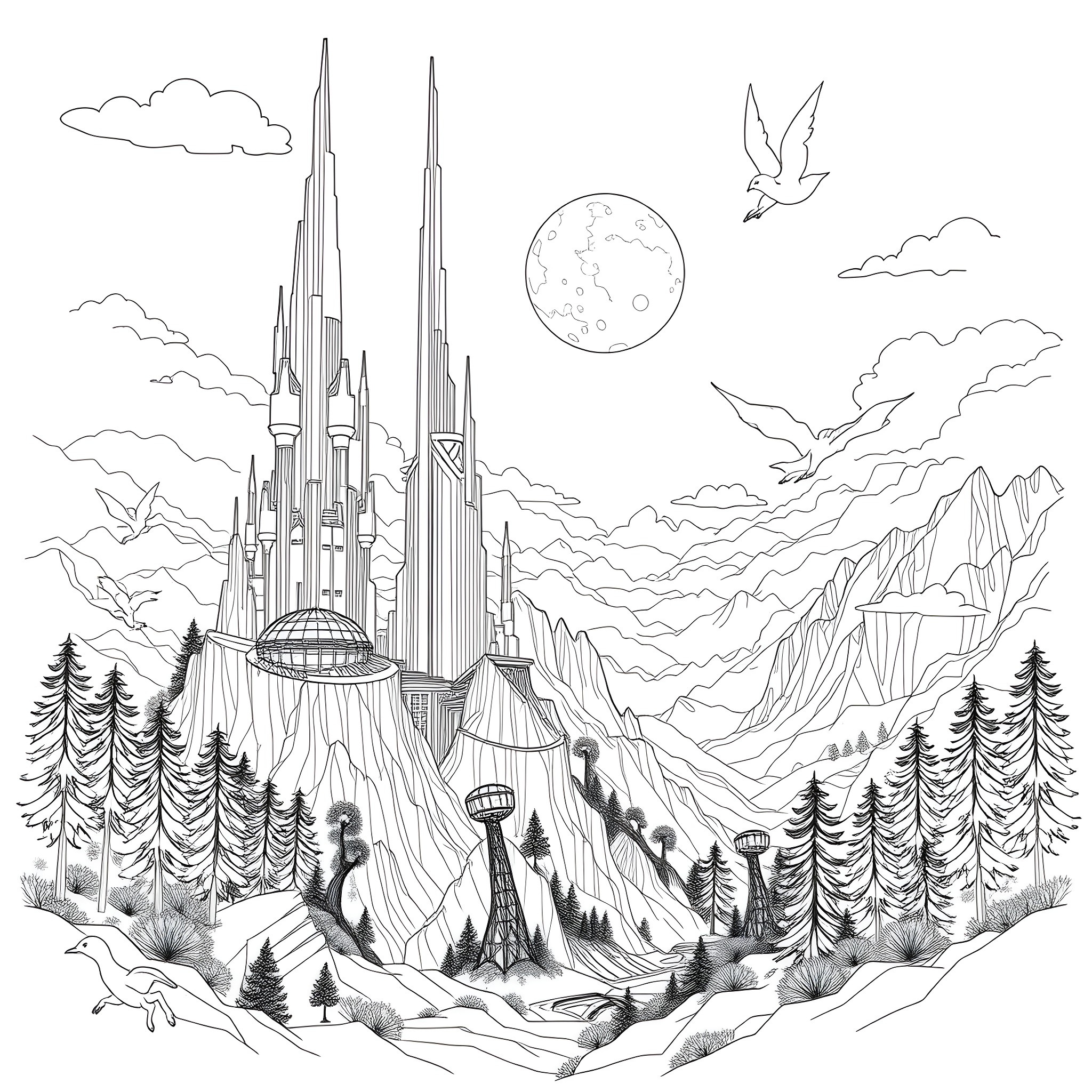 Moon over the magical castle in the mountains Coloring Page (free black-and-white line drawing printable PDF for all, from beginners to advanced learners, including children, teens, adults, and seniors)